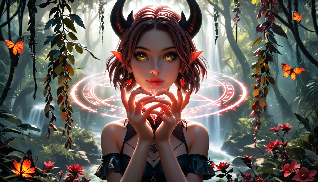 Gothic succubus girls, demon wings, Futuristic ethereal seahorse,Sci-fi butterflies,future seahorse,sea horse,Futuristic jungle background,tmasterpiece,（Very detailed CG unified 8k wallpaper）,（Best quality at best）,（Best Best Illustration）,（The best shadow）,The background is a forest theme,With natural elements,flowers blooming,warm color palette,surrounded by exquisite leaves and branches,rays of sunshine,（nature elements）,（Jungle theme）,（leafs）,grape trees,manatee,（exquisite leaves）,（particle effect）,isometric 3D,Rendered by Octane, Ray traching,ultra - detailed (Score_9, score_8, score_7_up)(Best quality)(4k)(High resolution)(Masterpiece:1.2)(Ultra detailed) 1girl, gothic melina_focus, succubus, elf, demon horns, demon tail, magic_circle, circle of David earrings,  solo, hexagram, glowing, facial_hair, yellow_eyes, black_hair, glowing_eyes, Standing on magic_circle_of_david, circle of David around her 
body, little red vertical circle magic between hands, holding little circle of David, dark fantasy forest background, front view ,highest detailed, masterpiece, best quality, high resolution, unity 8k wallpaper, illustration, extremely detailed CG, perfect hands, perfect anatomy,