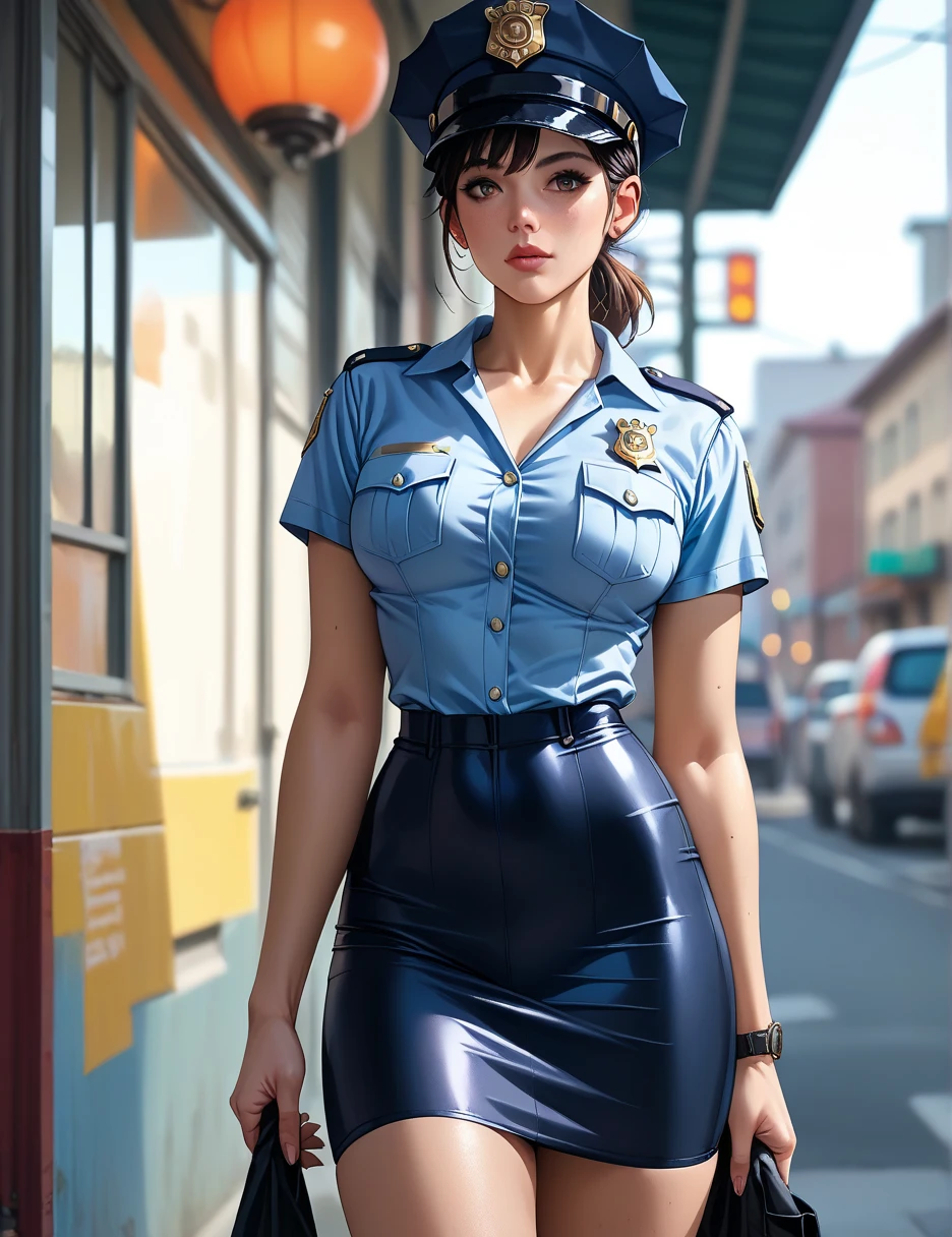 ((​masterpiece))、((top-quality))、Female police officer,  tight skirt  ,  standing,  cowboy shooting