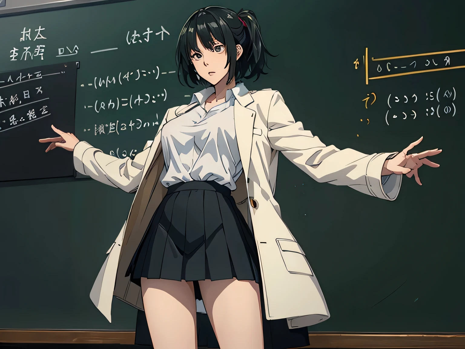 anime、 high image quality、 high definition 、 one woman、 slender figure、 with a wide open chest 、Standing beside a large blackboard、There are lots of mathematical equations written on the blackboard、（ Relaxed posture ）、Wearing a white coat、Black underwear、（ red mini skirt）、（ rugged expression ）、University lecture scene、 with her hair fluttering like、old university auditorium、