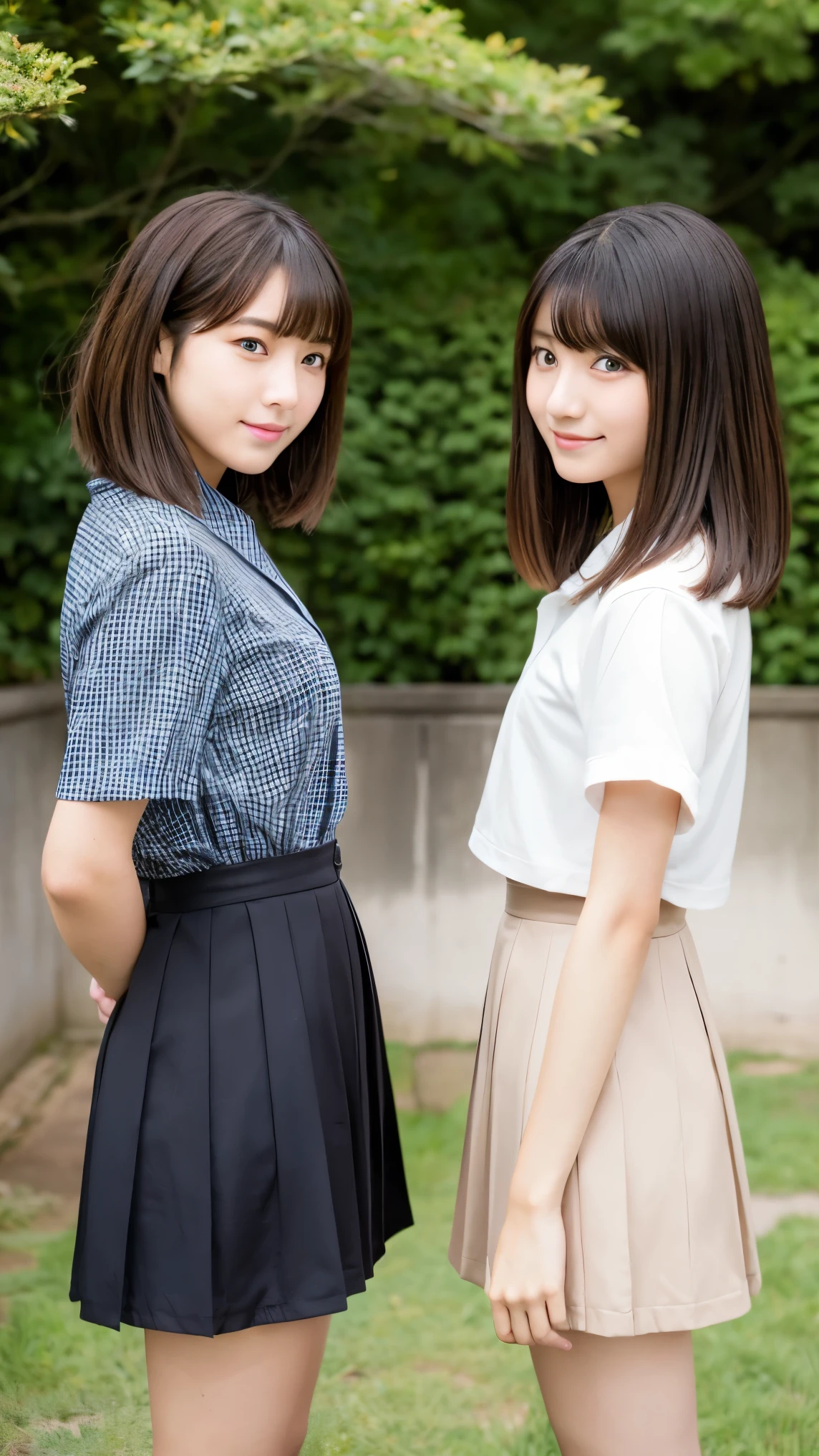 ((highest quality)), ((masterpiece)), (Skirt flip:1.8), (No underwear:1.8), (Lift up the skirt:1.5), (Perfect Face:1.8), (Perfect Eyes), (Very detailed), (Perfect detail) ,Very detailedな顔と肌の質感, (Perfect body), (Perfect Face), (((Two girls side by side:1.5))), Very detailedな目, (Junior High School Uniform), White shirt with front opening, Ultra short thigh-length dark blue pleated skirt, Beautiful breasts,Very slim legs, short hair, (On a street corner in Tokyo, Outdoor), (Cowboy Shot), (No makeup:1.2)、(No makeup:1.5)、(Very thin thighs)、 (13-year-old girl:1.2)、Big eyes