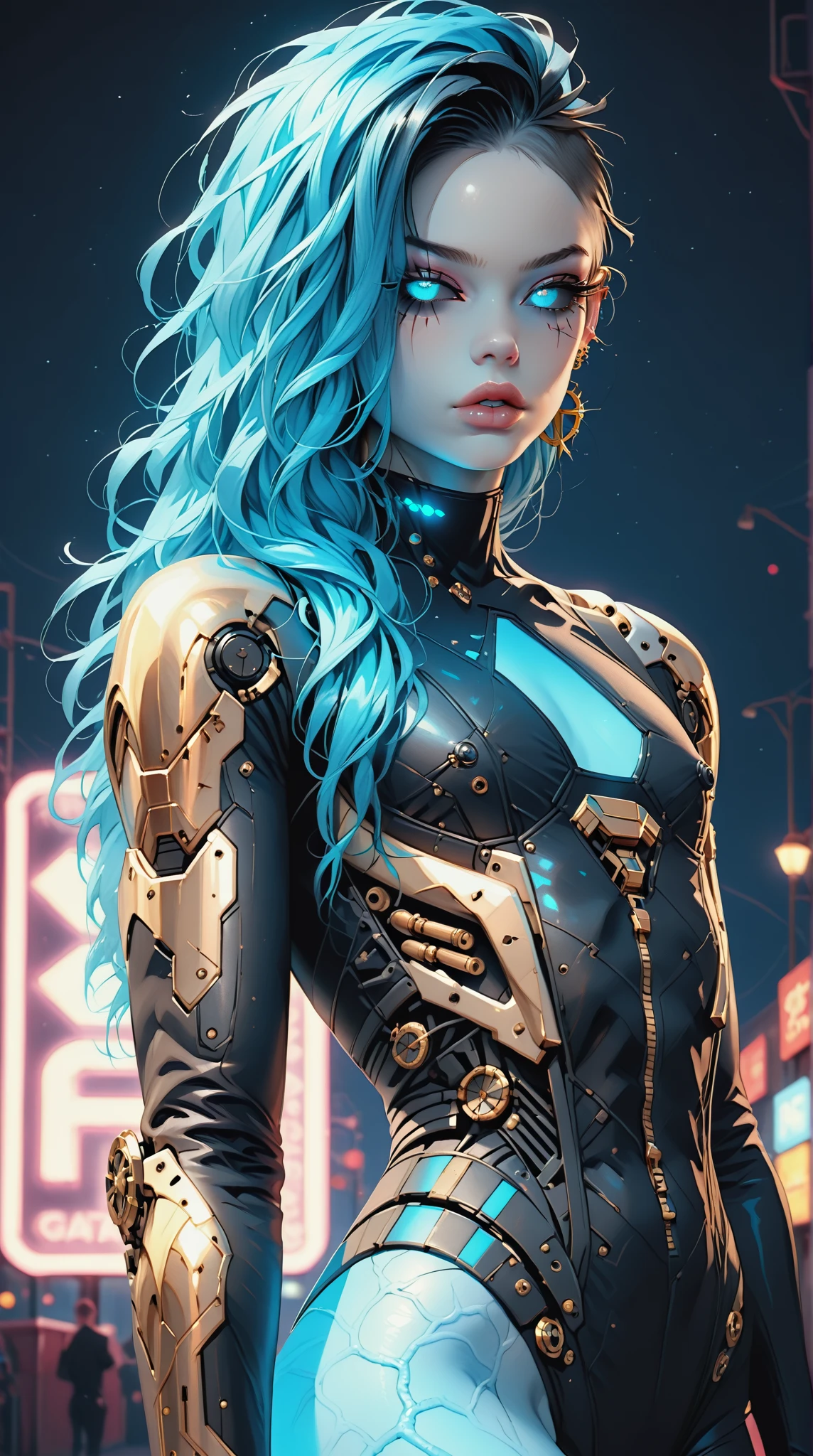 (nsfw:1), (Uncensored:1), score_9, score_8_up, score_7_up, (Three quarters Shot), (1 girl), (asian), beautiful teenage (skinny) muscular goth cyborg girl, (full Cybernetic bodysuit:1.5), (black sclera:1.5), (blue glowing eyes:1.5), (blue glowing body veins:1.5), (flat chest:1.25), (blue glowing hair:1.25), (beautiful face:1.25), (bodybuilder femboy physique:1.25), (skinny long legs:0.75), (gold cracks:1.25), bimbo lips, cowboy shot, cybernetic, mechanoid body parts, exposed cables and circuits, neon lights, gothic neon style, cyber punk style, super realistic image, beautiful digital paint , hyper Realistic illustrations, 