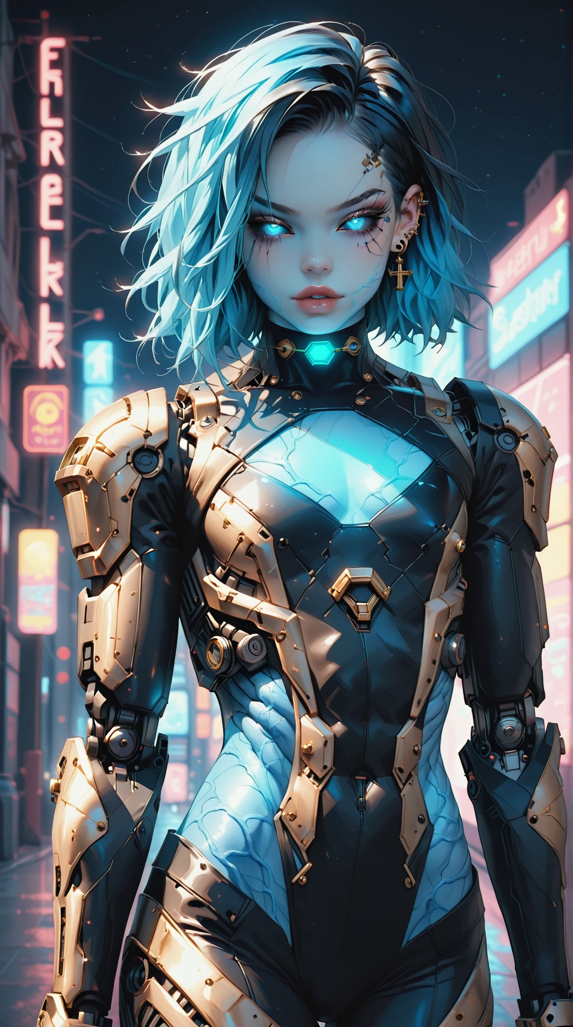 (nsfw:1), (Uncensored:1), score_9, score_8_up, score_7_up, (Three quarters Shot), (1 girl), (asian), beautiful teenage (skinny) muscular goth cyborg girl, (full Cybernetic bodysuit:1.5), (black sclera:1.5), (blue glowing eyes:1.5), (blue glowing body veins:1.5), (flat chest:1.25), (blue glowing hair:1.25), (beautiful face:1.25), (bodybuilder femboy physique:1.25), (skinny long legs:0.75), (gold cracks:1.25), bimbo lips, cowboy shot, cybernetic, mechanoid body parts, exposed cables and circuits, neon lights, gothic neon style, cyber punk style, super realistic image, beautiful digital paint , hyper Realistic illustrations, 