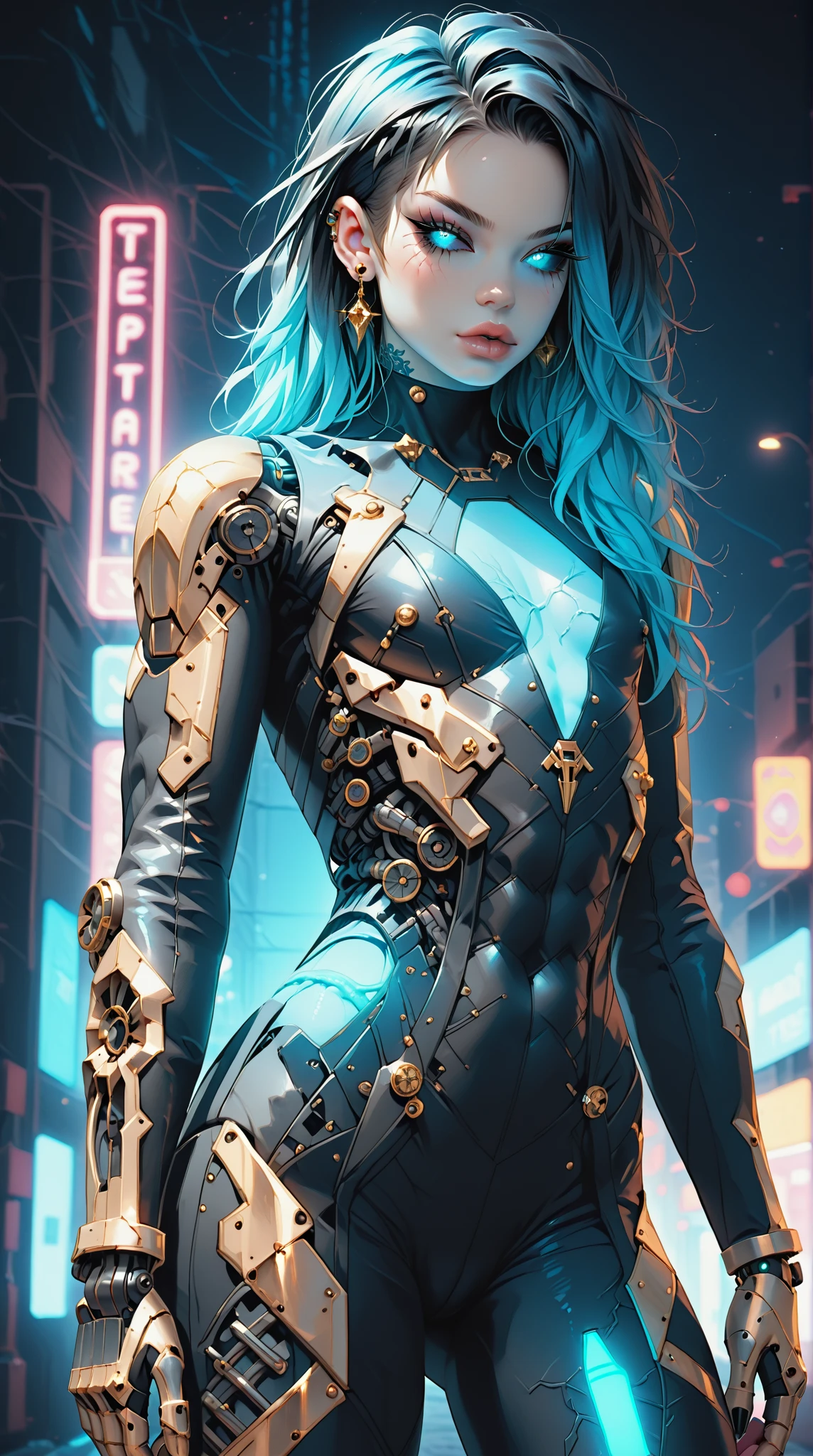 (nsfw:1), (Uncensored:1), score_9, score_8_up, score_7_up, (Three quarters Shot), (1 girl), (asian), beautiful teenage (skinny) muscular goth cyborg girl, (full Cybernetic bodysuit:1.5), (black sclera:1.5), (blue glowing eyes:1.5), (blue glowing body veins:1.5), (flat chest:1.25), (blue glowing hair:1.25), (beautiful face:1.25), (bodybuilder femboy physique:1.25), (skinny long legs:0.75), (gold cracks:1.25), bimbo lips, cowboy shot, cybernetic, mechanoid body parts, exposed cables and circuits, neon lights, gothic neon style, cyber punk style, super realistic image, beautiful digital paint , hyper Realistic illustrations, 