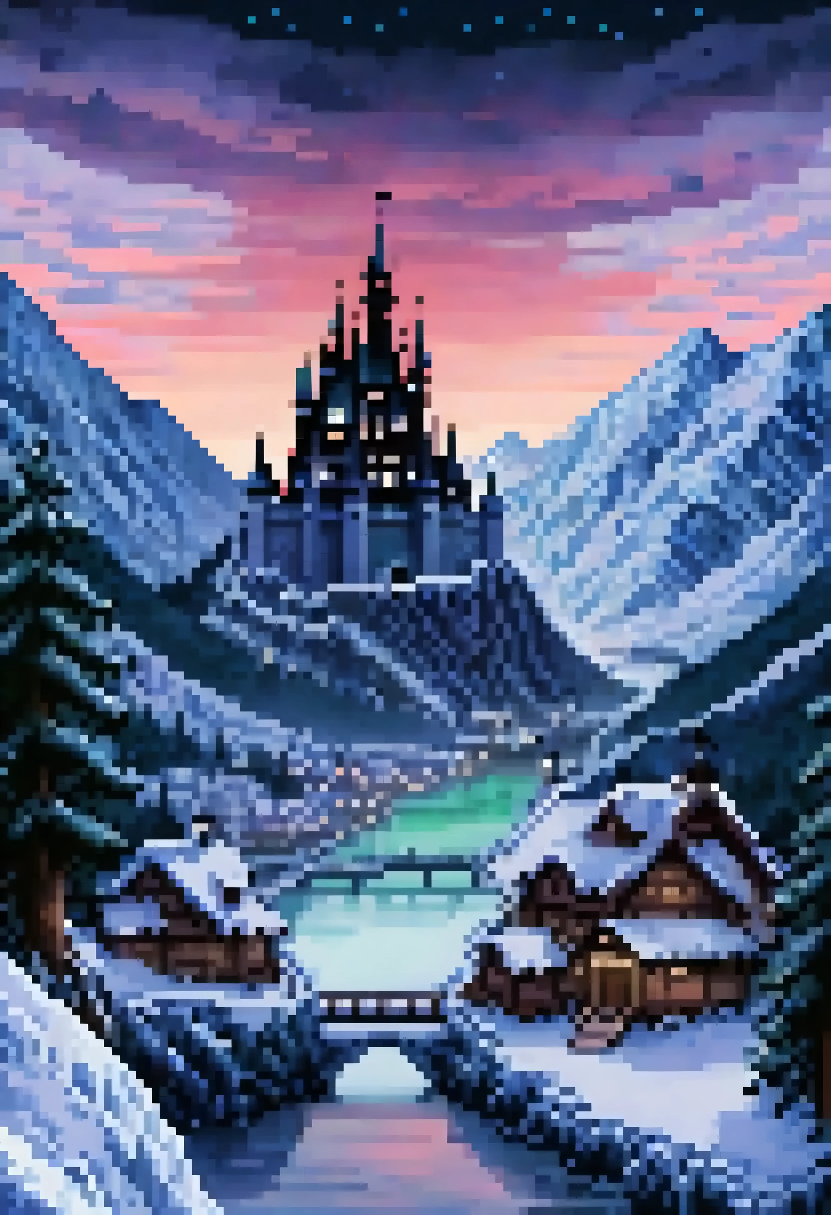 score_9, score_8_up, score_7_up, source_anime, anime screencap, pixel art, black castle, winter, night, frozen river, snowy forest, dark, chilly, from above, from afar, mountains, aurora in the sky