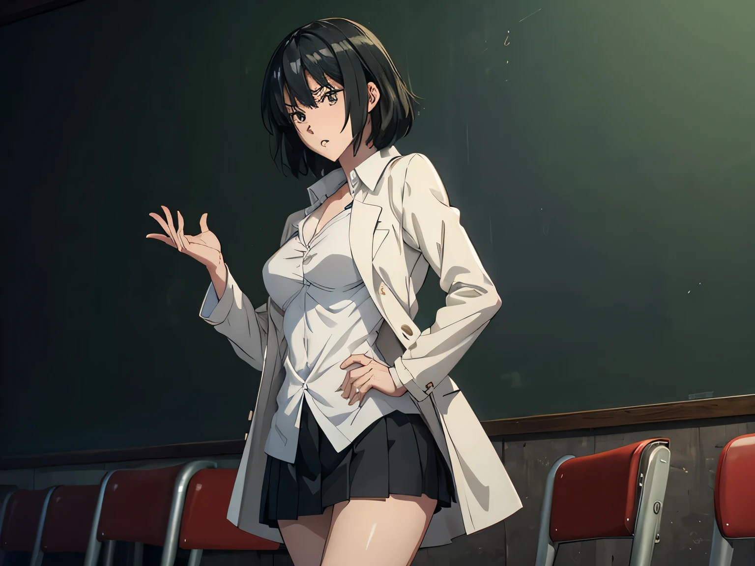 anime、 high image quality、 high definition 、 one woman、 slender figure、 with a wide open chest 、Standing beside a large blackboard、There are lots of mathematical equations written on the blackboard、（ Relaxed posture ）、Wearing a white coat、Black underwear、（ red mini skirt）、（ rugged expression ）、University lecture scene、 with her hair fluttering like、old university auditorium、