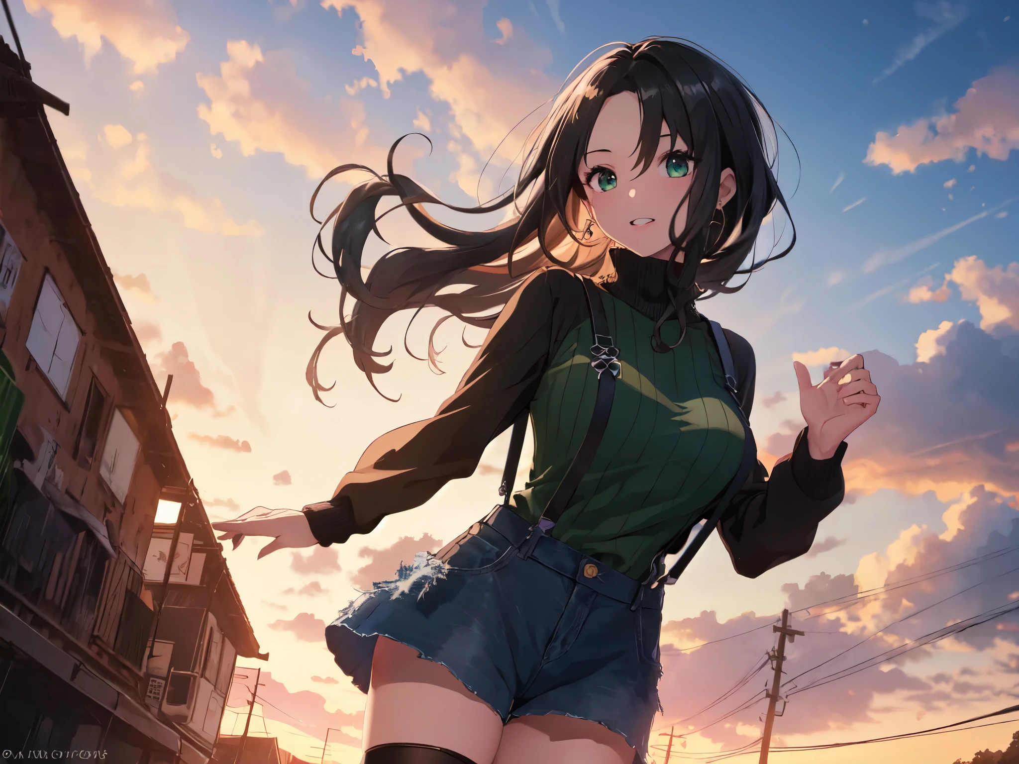 Solo, 1 Female, (Human Ear, Earring), (Black Hair), (Cool Pose), (Anime Face, ), (Leather Suspenders, Cable Sweater, Denim Shorts, Stockings), (Sunset Sky, Sunset, Evening Sky), (Focus on ), (UHD, Retina, Masterpiece, Accurate, Anatomically Correct, Textured Skin, Ultra Detailed, High Detail, High Quality, Award Winning, Top Quality, High Resolution)