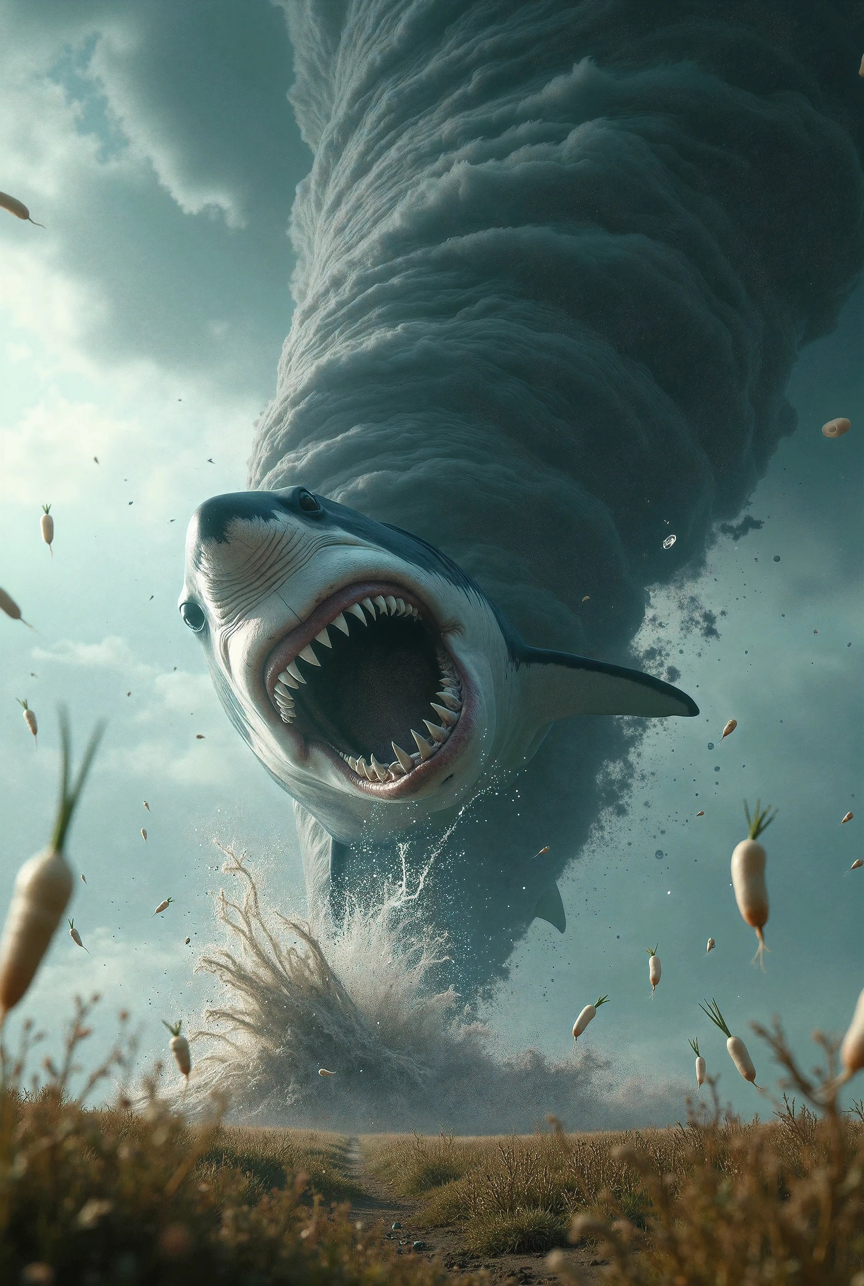 (UHD, masterpiece, super detail, high details, best quality,  highres icon, 8k), Huge tornado:1.3, Giant shark,  getting caught in a tornado , Terrible Teeth BREAK Tornado , There is thunder, Japanese long, slender white daikon dancing in the air, field,  movie poster, Artwork