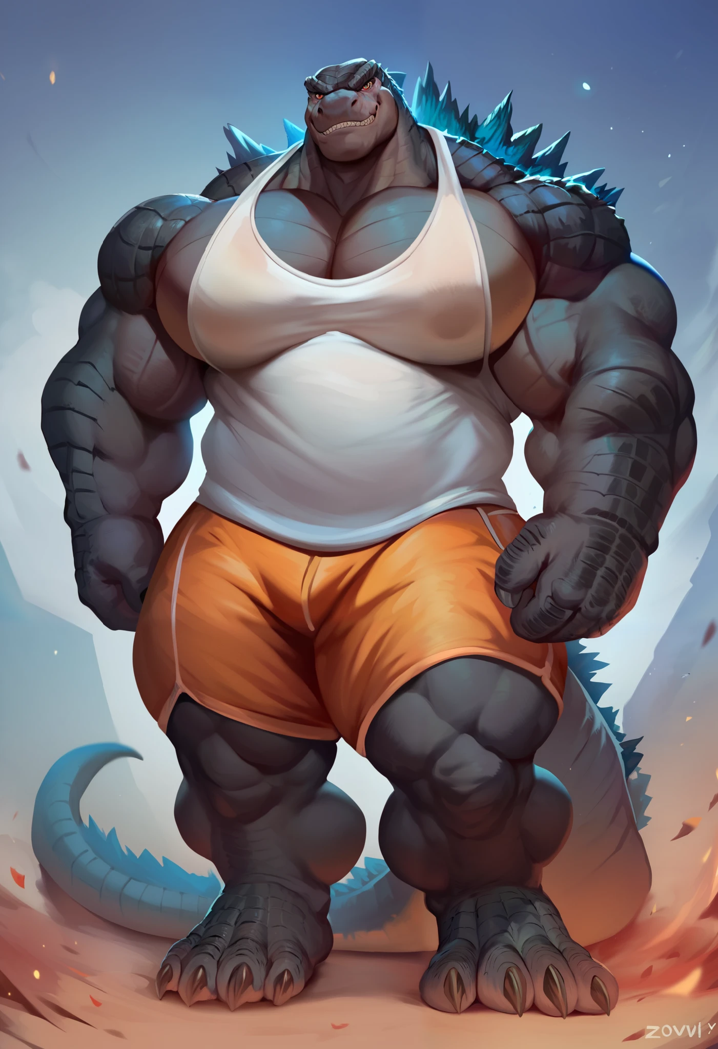 (male), solo standing (by honovy, by darkgem, by narse, by tojo the thief), (godzilla:1.2), fur, reptile, dinosaur, quality eyes, black scales, huge muscular frame, thick neck, broad shoulders. Wears a tank top and shorts that strain to contain his bulk. Has a cocky smirk on his reptilian face, anatomically correct, fluffy neck, (smile) ,looking at viewer, full body, big body, muscular anthro, big pecs, front view, (Zoroj)