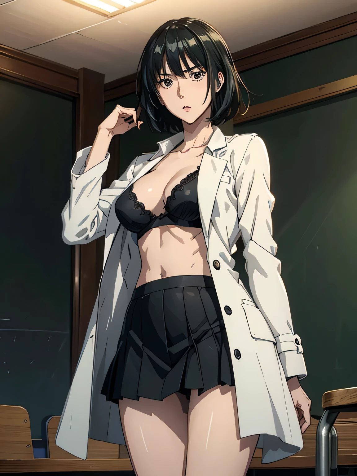 anime、 high image quality、 high definition 、 one woman、 slender figure、 with a wide open chest 、Standing beside a large blackboard、There are lots of mathematical equations written on the 、 blackboard with bright sunlight shining through the ceiling、（ Relaxed posture ）、Wearing a white coat、Black underwear、（ red mini skirt）、（ rugged expression ）、University lecture scene、 with her hair fluttering like、old university auditorium、