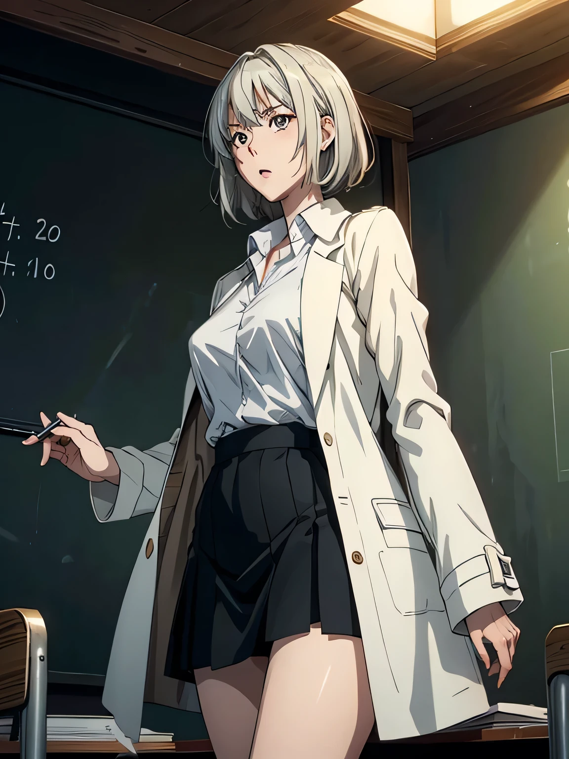 anime、 high image quality、 high definition 、 one woman、 slender figure、 with a wide open chest 、Standing beside a large blackboard、There are lots of mathematical equations written on the 、 blackboard with bright sunlight shining through the ceiling、（ Relaxed posture ）、Wearing a white coat、Black underwear、（ red mini skirt）、（ rugged expression ）、University lecture scene、 with her hair fluttering like、old university auditorium、