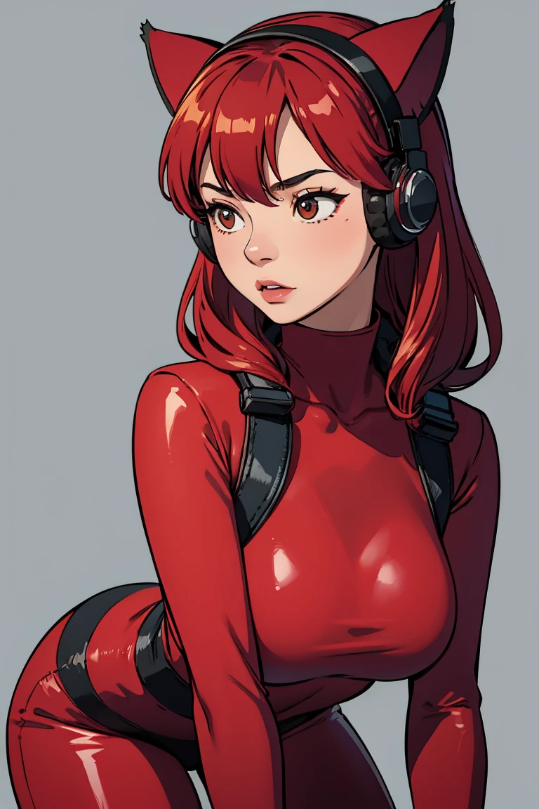 a close up of a woman in a red outfit with headphones on, comic digital art, seductive anime girl, beautiful cyborg girl pinup, cute cyborg girl, style artgerm, beautiful alluring anime woman, gynoid body, in the style artgerm, extremely detailed artgerm, seductive. highly detailed, wanda maximoff