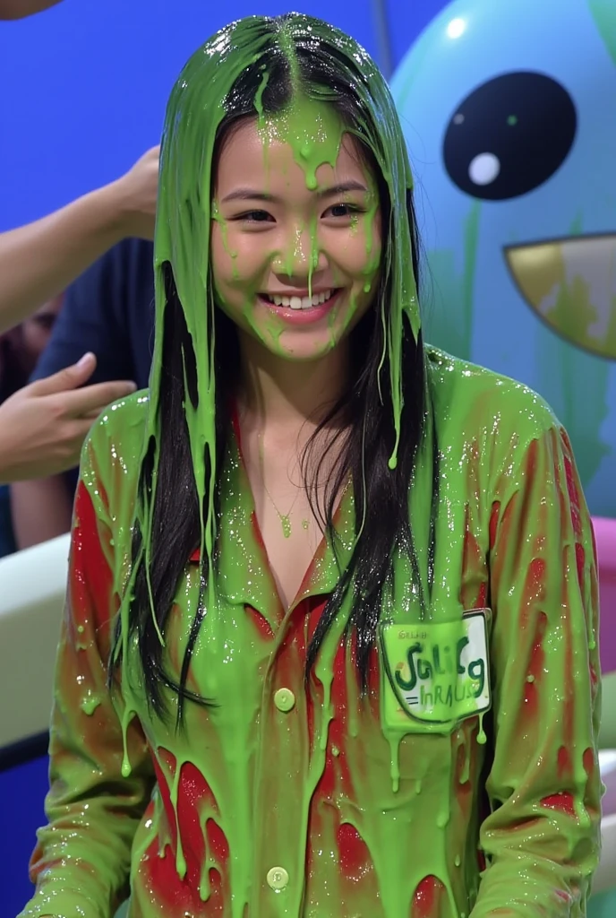 Cinematic photograph of Chinese model covered in green slime. Photorealistic. Glistening liquid. Green slime. Slime. Raw photo. Chinese model. (Chinese: 1.1). Chinese woman. Cleavage. Wavy Black hair. Gameshow. Portrait photograph. Film photo. Winged black eyeliner. Monolid. (Japanese girl clothes: 1.1)