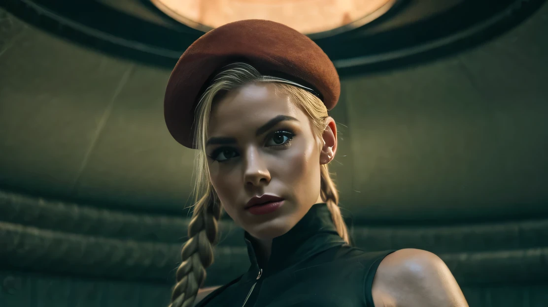 "(exquisitely detailed CG unity 8k wallpaper, masterpiece-quality with stunning realism), (best illumination, best shadow), (best quality), (elegant style:1.2), Arti modern anime. angled view, heroic pose, closeup full body portrait of stunningly beautiful cammy from street fighter, Masterpiece, best quality, highres, mature Cammy white, twin braids, long hair, blonde hair, antenna hair, (red beret headwear:1), blue eyes, scar on cheek, green military leotard, green military skirt, red gloves, fingerless gloves, camouflage, (fully clothed:1), abs, depth of field blur effect, night, full zoom, action portrait, photorealistic. cinematic lighting, highly detailed. best quality, 4k, (Better hand:1), (blonde hair:1) (red nail-polish:1), (red lips:1) (makeup:1) perfect anatomy, leaning forward, foreshortening effects, coy flirty sexy expression, foreshortening effect, (piercing eyes:1), surrounded by an ominous and dark atmosphere, accentuated by dramatic and striking lighting, imbued with a sense of surreal fantasy". (wearing military boots:0.5), (resting in london city MI6 in the morning:1.3) (wearing a British Military jacket:1) (mature:0.5)