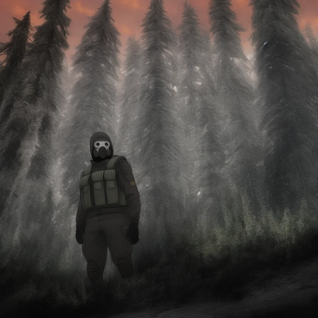 gas mask whith vizor, mask,  man, sunrise suit, military , clothing , chest rig , hood, squting, boots, Behind is a red forest, Forest of spruce trees, dark orange trees a dark red sky, Looking up, a detector in the left hand, a PM pistol in the right handВысокое разрешение, Шедевр, Точность, Лучшее качество, Высокая детализация, 