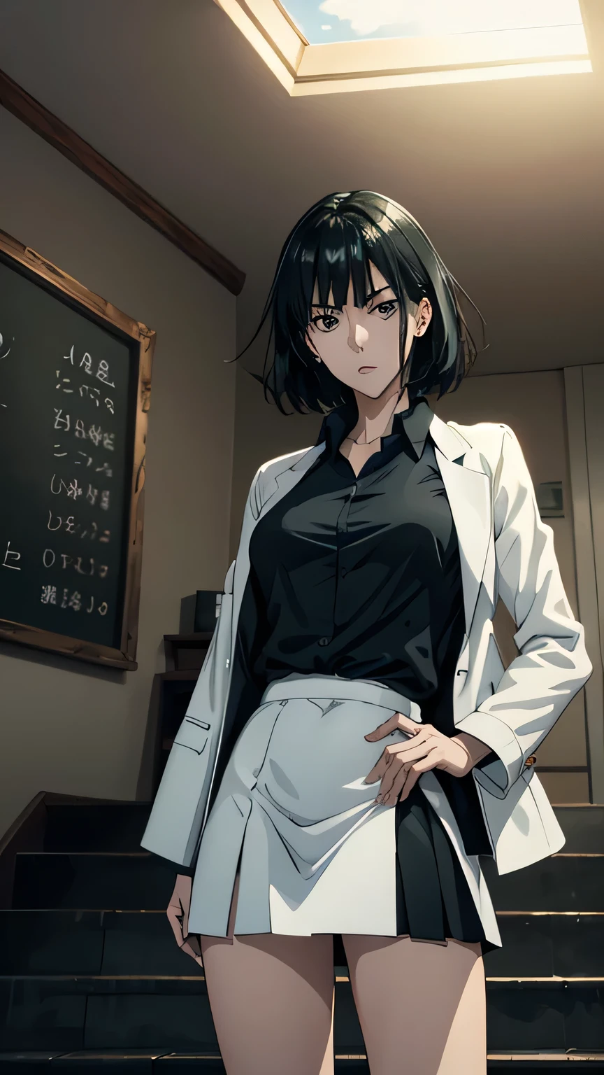 anime、 high image quality、 high definition 、 one woman、 slender figure、 with a wide open chest 、Standing beside a large blackboard、 bright sunlight is shining through the ceiling、Angel Staircase 、There are lots of mathematical equations written on the blackboard、( Relaxed posture )、The doctor is wearing a white coat 、Black underwear、( red mini skirt)、( expression of anger)、University lecture scene、 with her hair fluttering like、old university auditorium、