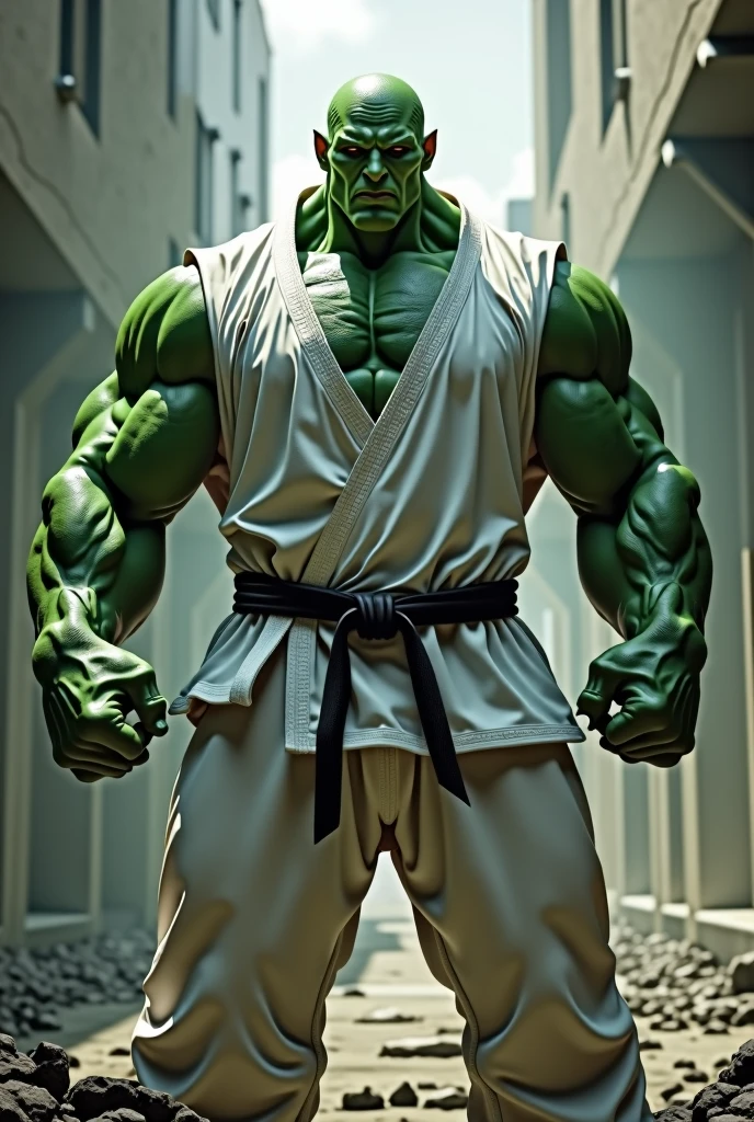 HULK WITH THE GREEN BODY,  WEARING A WHITE Jiu Jitsu KIMONO WITH BOTH LONG AND RIPPED ARM SLEEVES , long and RIPPED pants , black Belt, GIANT MUSCULAR, fully body, drawing style, white background, PRATICANDO JIU JITSU

