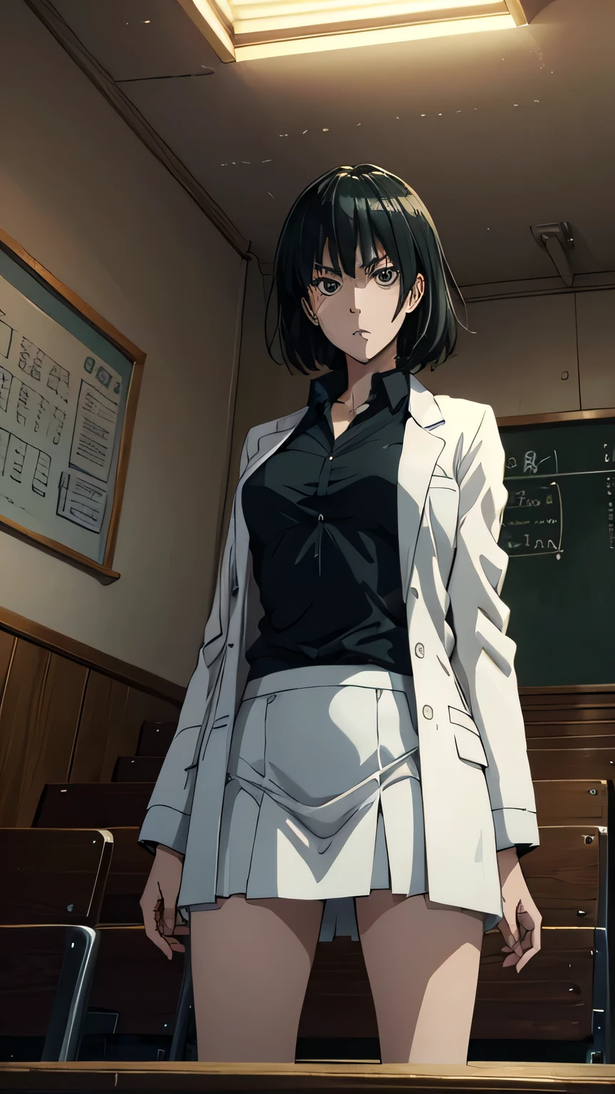 anime、 high image quality、 high definition 、 one woman、 slender figure、 with a wide open chest 、Standing beside a large blackboard、 bright sunlight is shining through the ceiling、Angel Staircase 、There are lots of mathematical equations written on the blackboard、（ Relaxed posture ）、The doctor is wearing a white coat 、Black underwear、（ red mini skirt）、（ expression of anger）、University lecture scene、 with her hair fluttering like、old university auditorium、