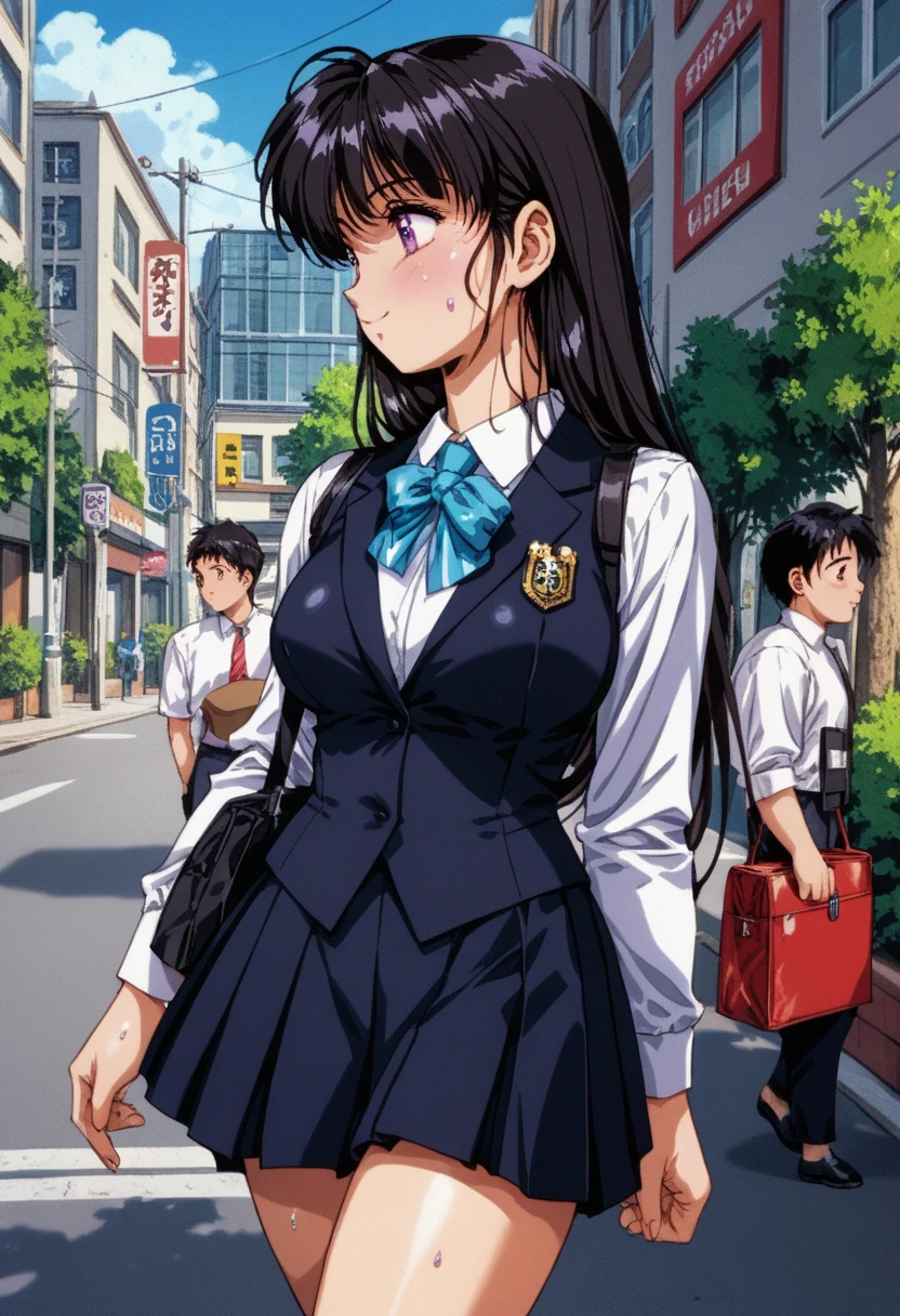  black hair,Big Breasts, cute,18 years old,sweat、 walking down the pedestrian crossing 、profile、 walking on Abbey Road 、Walking from the side 、A little smile、 stand up straight 、 women's business suit、 Mini Skirt、 the direction your gaze is walking (Right side）  、 clothes with an open chest 
