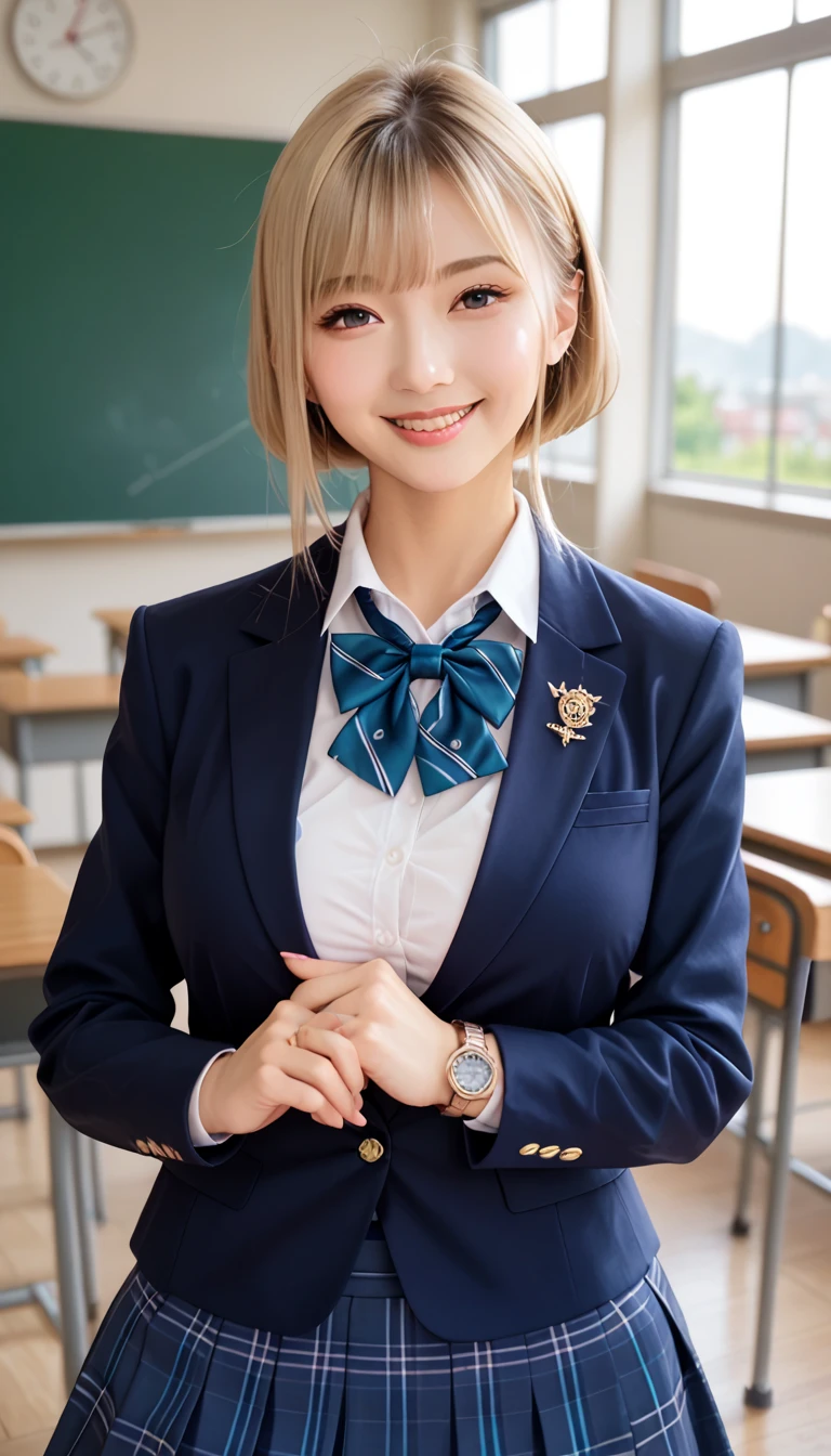   score_9,  score_8_up,  score_7_up, super detailed,  BREAK Complete Anatomy  , 32K,    Masterpiece  ,  best quality, super high definition ,  beautiful face and eye details flooded into the classroom,  beautiful Japanese woman  ,  blonde hair, invalid,smile,steam,  school uniform,  blazer,  Modern style fitted jacket included,short skirt and tights,  Turn your hands backwards, Big Breasts ,  Slouching ,From a viewpoint,  watch viewers,town