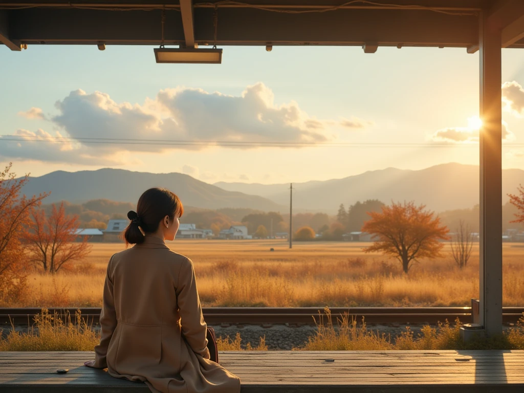 a young Japanese woman wearing a light brown coat is siting on a bench at the train station looking at a scene of the rural landscape in japan countryside in autumn warm tones and lighting, golden hour, cumulus cloud formations