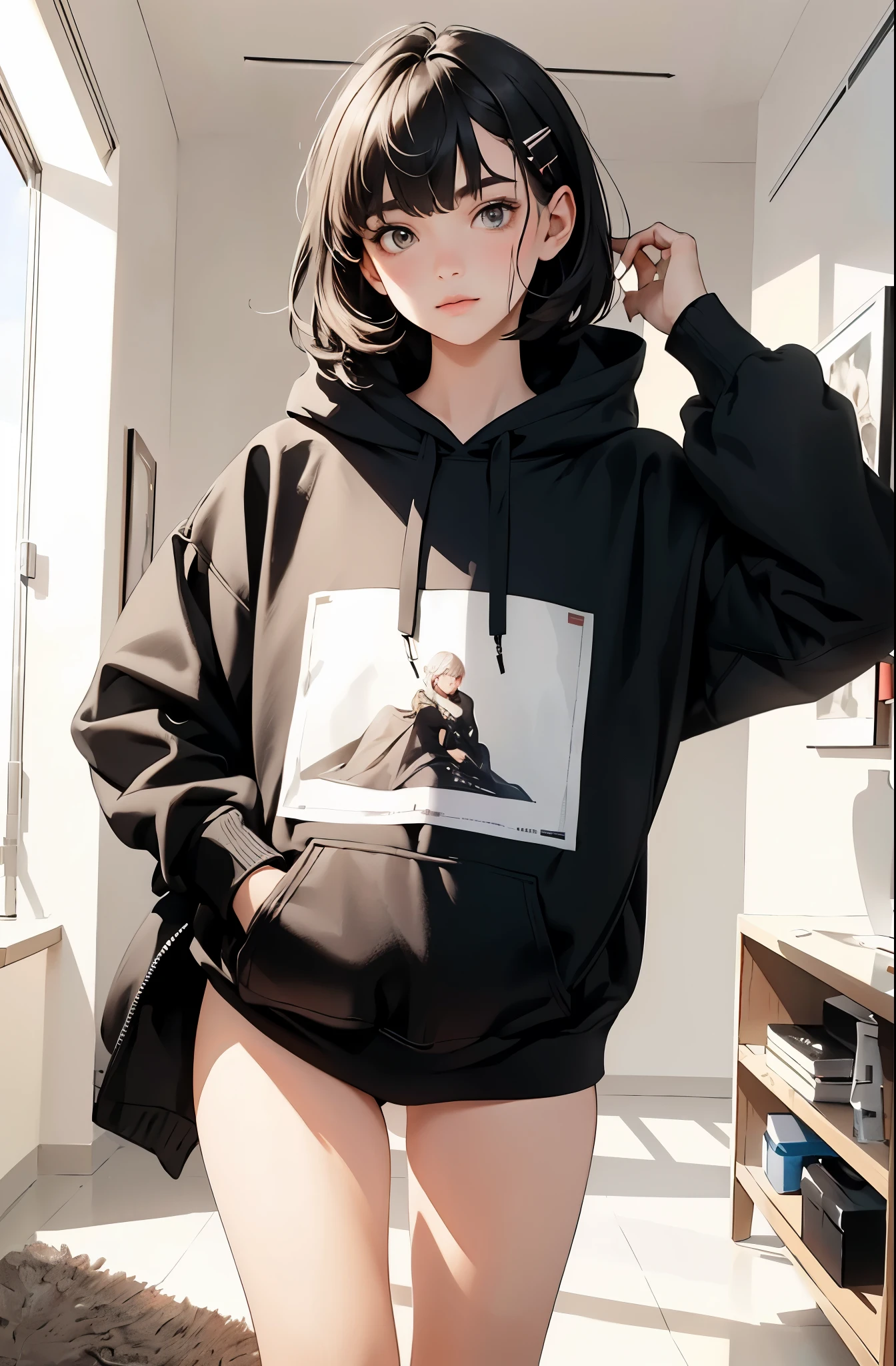 18 years old, Height: 168cm, young girl, whole body, (  masterpieces in the background ), Hyperrealistic, ( best quality), (Illustration), ( super detailed), ( high definition ),  absurd,  one girl,  shorthair,  hair clip, (Crop hoodie), ( Underbob :1.3),  black hoodie, Wearing a nurse&#39;s hat, Moe Sleeve, , (Wear yellow linen shorts to show off your pussy from your crotch　Full Zip :1.5), ( blonde alone),  widens legs,  very cute girl,  smaller, young, delicate, Outdoor, Focus on women,  waist、( cum in pussy :1.5)