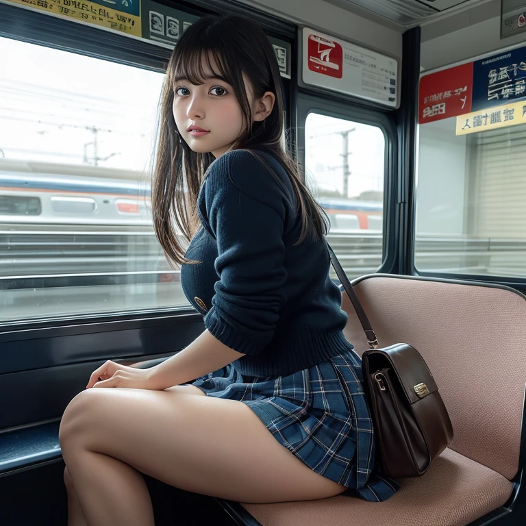 (realistic、Like a photograph、live action、8k, Photoreal, RAW photo, best image quality: 1.4), Single-lens reflex camera、RAW photo, highest quality, realistic, Highly detailed CG Unity 8k wallpaper, Depth of written boundary, cinematic light, Lens flare, ray tracing, realistic background、(black hoodie:1.4、pleated skirt、school uniform、big breasts、skirt lift:1.2、lift up the skirt)、((super dense skin))、 1 girl,かわいいshortcutの日本の女の子、High school girl commuting to school in Japan、((whole body:1.5)、I'm looking forward to、looking at the viewer:1.1、upper grade、embarrassed look、random hairstyle:1.2、i like the style、Snazzy、Super detailed、pay attention to details、shortcut、short hair、perfect costume、(white skin)、beautiful feet:1.1,Sit in the subway、View from the front、thighs、panty shot