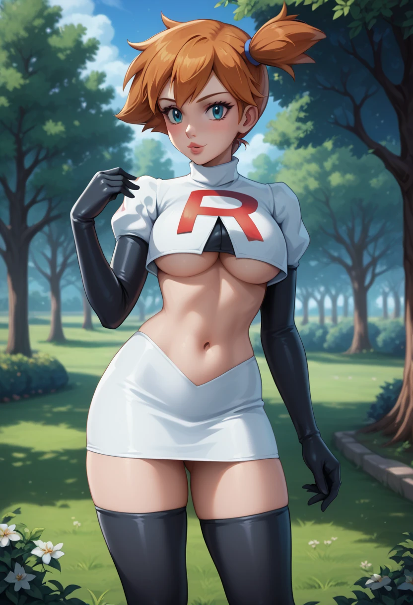 score_9, score_8_up, score_7_up, 1girl, solo, beautiful waifu, (Misty, /Pokemon/:1.2), filled lips, thick lips, detailed eyes, detailed face, flirt, looking at viewer, Cosplay_TeamRocket, team rocket uniform, white jacket, cropped jacket, white skirt, elbow gloves, black thigh highs, underboob, in beautiful green park, trees, low light, early evening, shallow depth of field.