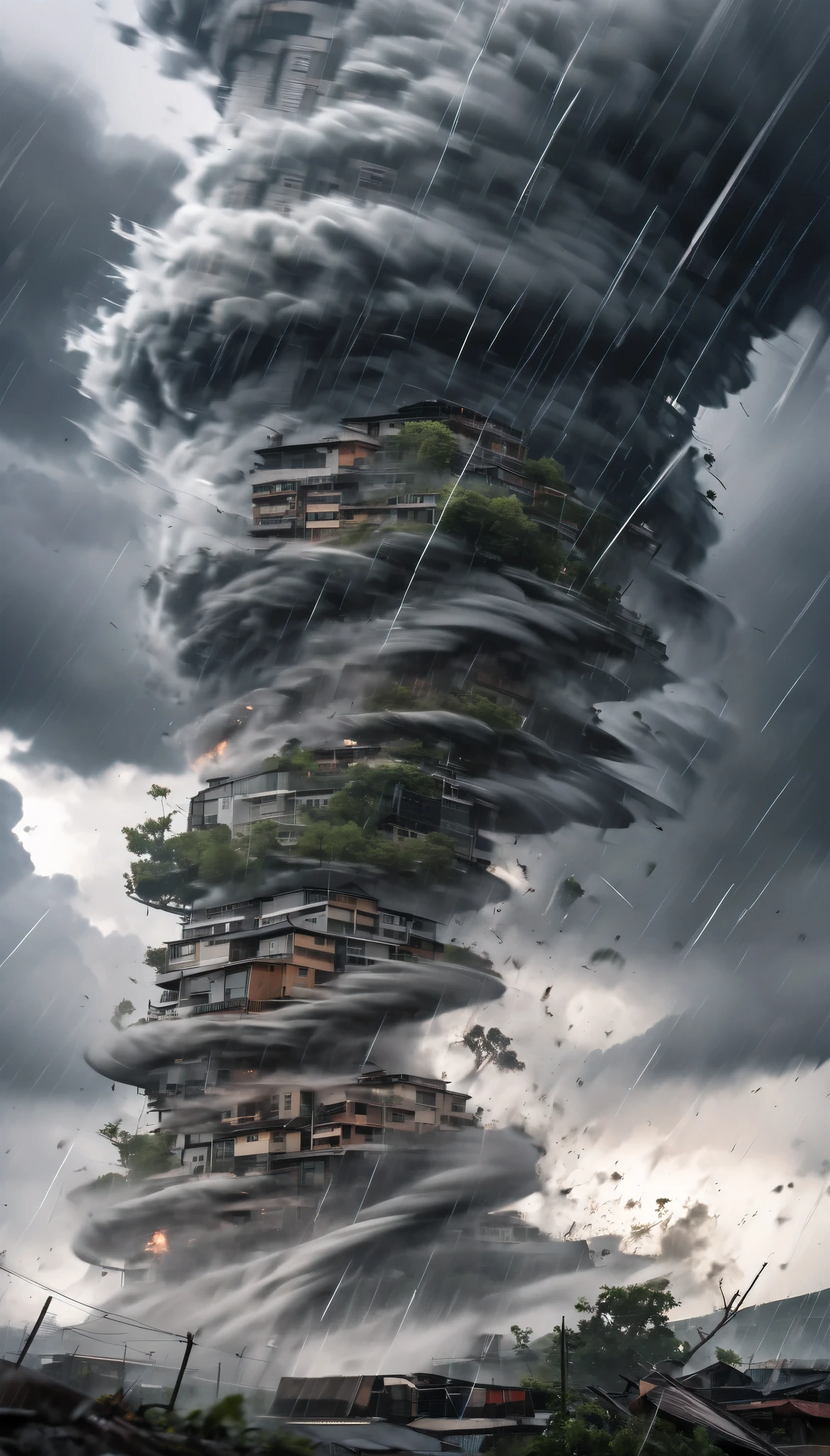 thunderstorm ,  acceleration to tornado , Heavy Rain, Strong winds, The object being sucked in,  tremendous rotation ,  Dynamic Blur , Multiple Exposure,  transparent rendering,  BREAK conveys to you an image of a tornado , Detailed and accurate production ,  It involves all the hatred and abomination of this world, 