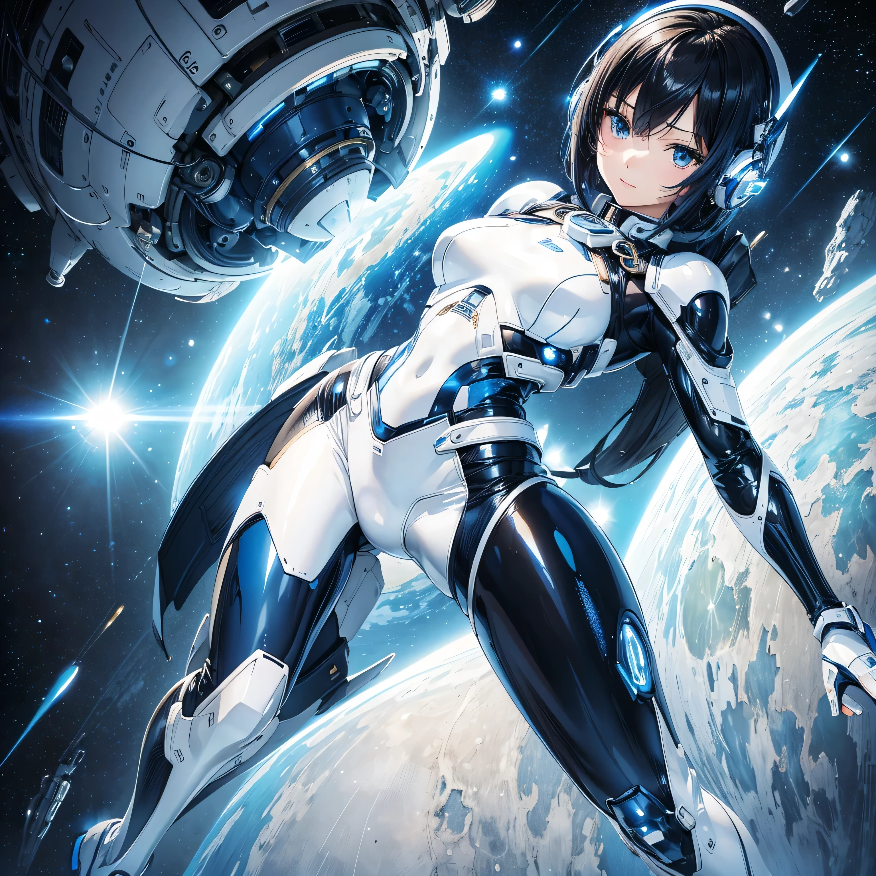 Anime girl in futuristic suit flying over a planet with a spaceship in ...