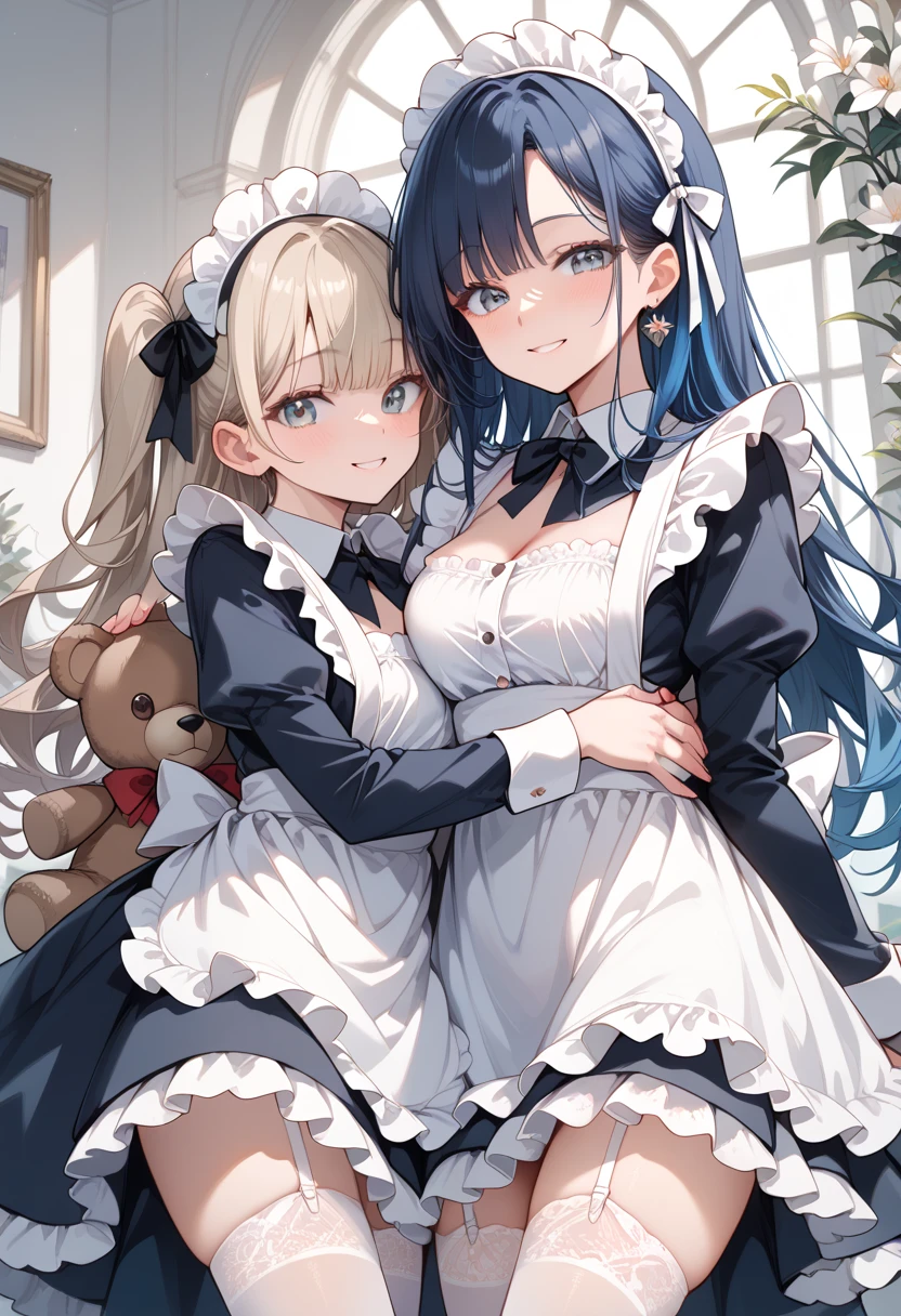 (masterpiece, best quality, ultra detailed, high resolution, detailed facial description), (1 older female:1.2), (black long hair:1.2), (maid, maid headdress, maid apron), (white lace trimmed panties, white garter belt), (light makeup:1.1), (light smile, seductive smile, blush), (hugging a teddy bear:1.2)