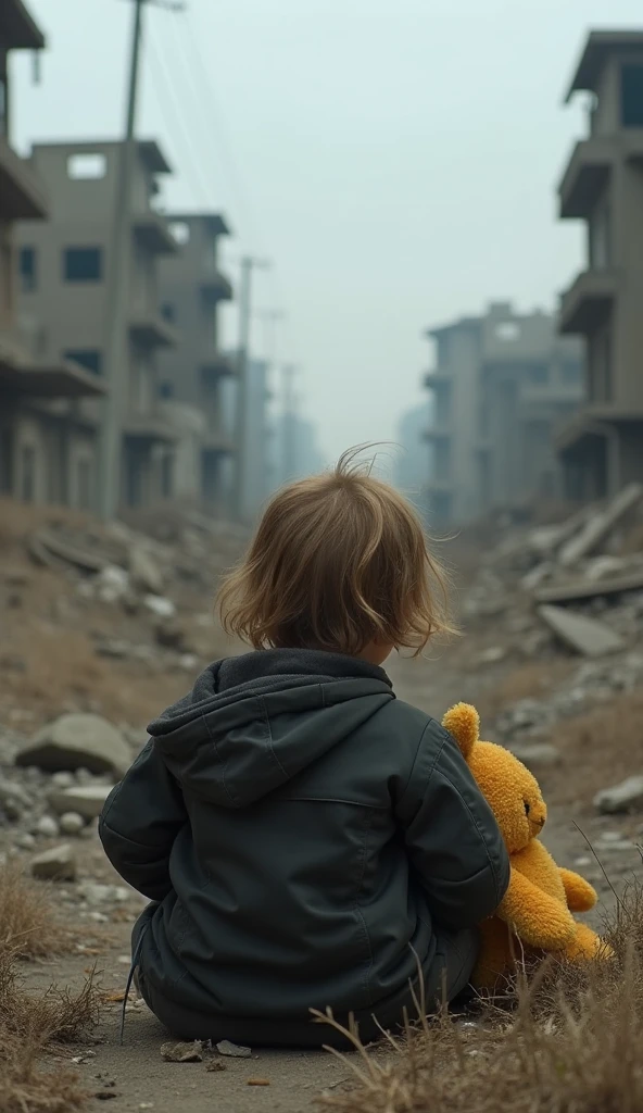 A boy in a blue sweatshirt while looking at a destroyed city