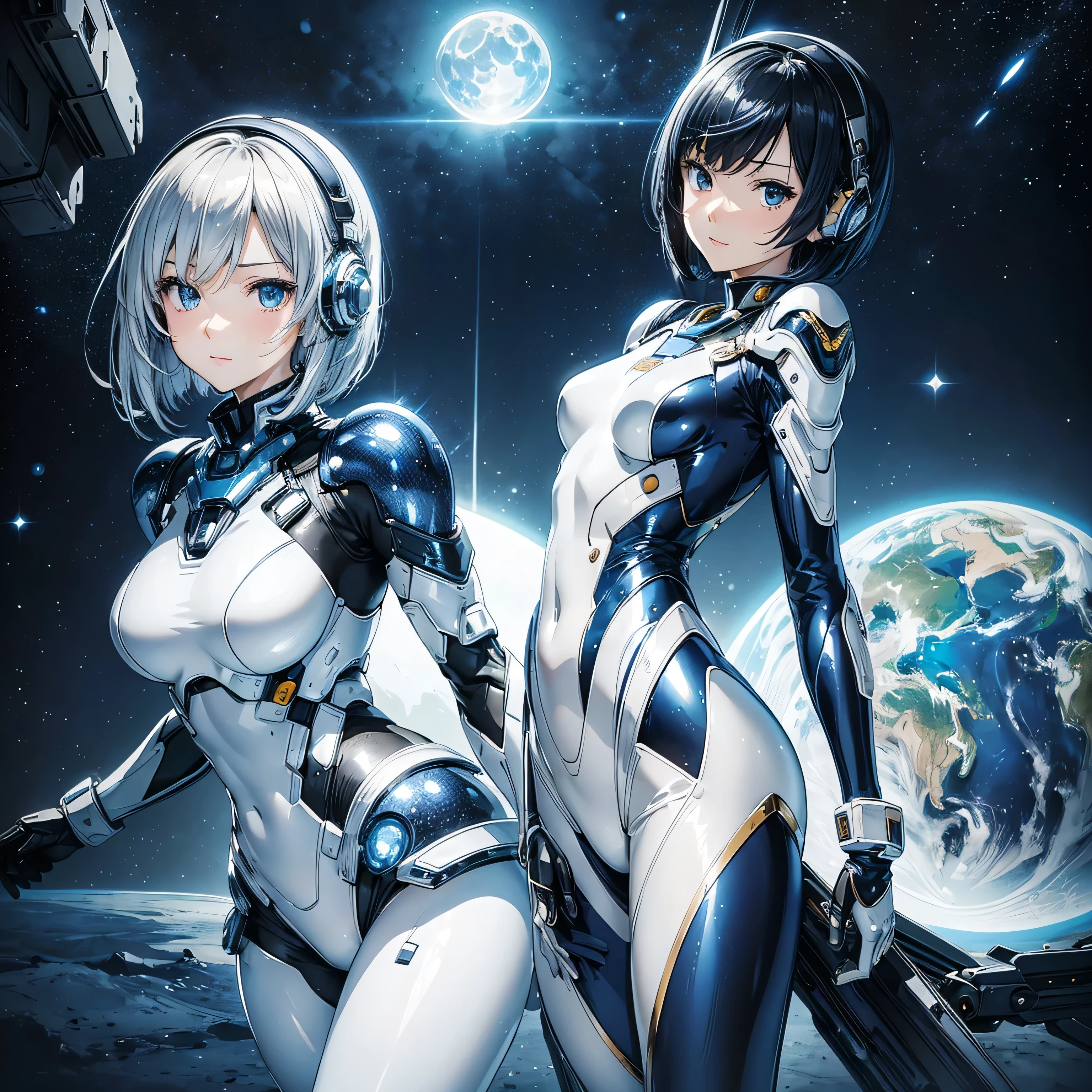 (masterpiece、Highest quality、Highest Resolution、Clear_image、Detailed details): (Whole body、One 20 year old girl、Japanese Faces、Small Face、Slender、Navy blue super short bob cut hair、(Hidden small breasts:1.3)、Sparkling blue eyes、Shiny pilot suit in white, blue and black colors、Chest protection armor、Tight fitting clothes、Clothing that covers the whole body、Glamorous clothes、Tight Fit Pants、Hide your skin、Very delicate and beautiful、Detailed Skin、hide thighs、Hide your ass、Cute、A gentle smile、Soft expression、heroine、headset、Knee-high boots、Elbow-length gloves、Eye Level Shot、Peace talks between warring factions,attention arousal, smart blue eyes,Face directly、Woman on a spaceship)