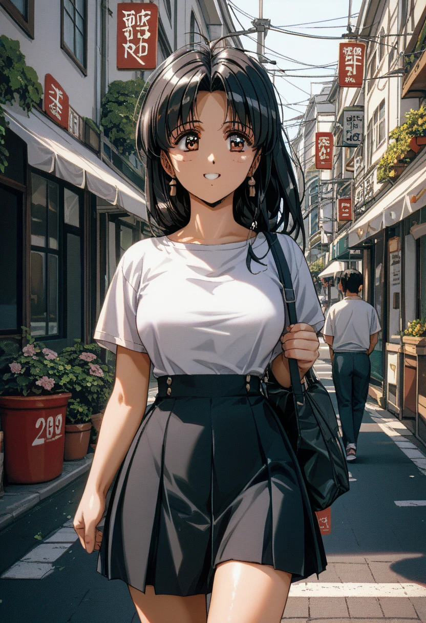  profile、Move to the left、  black hair,Big Breasts Cute 18 Year Old 、  Crossing the Street 、 Slightly Smiling 、 cleavage、 skirt、 Crossing the Street、 high image quality、The direction your gaze is walking(left side)