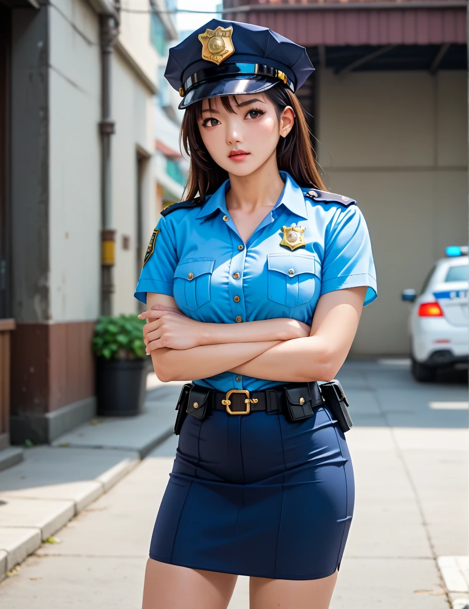 ((​masterpiece))、((top-quality))、Female police officer, Japanese Police、Metropolitan Police Department、 tight skirt  ,  standing,  cowboy shooting