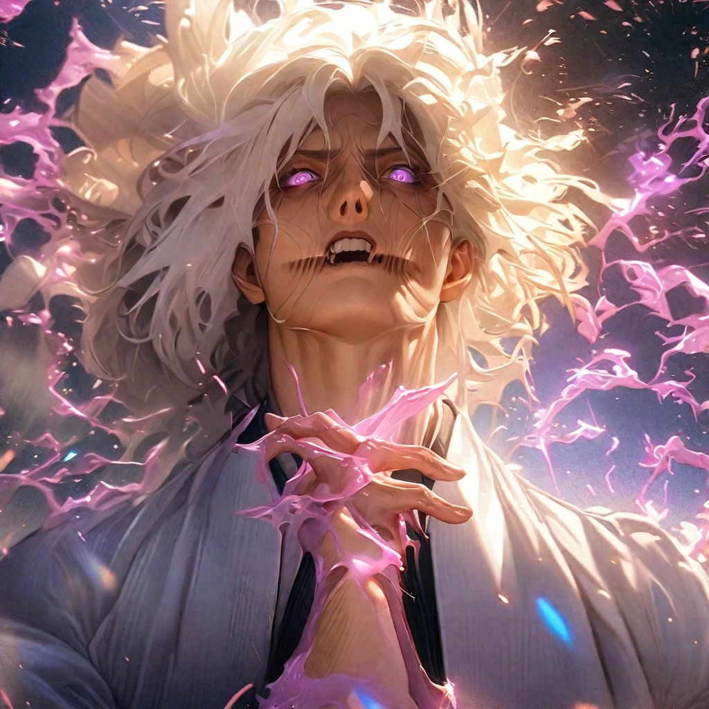 High quality, ultra realistic,absurdres, highres, ultra detailed, HDR, masterpiece, extremely detailed face and eyes,  Gojo satoru , jujutsu kaisen,, white hair ,black shirt , solo, ,man, handsome, ,white eyeleshes , Epic fight scene, purple splashing effect,purple lightning  effect,glowing glitters , 