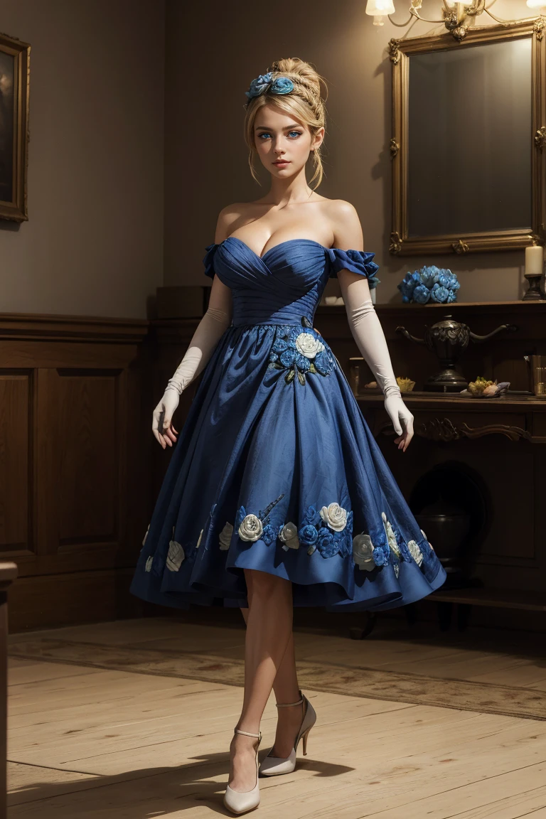 Full body shot, fashion photography, 1girl, Charlotte Roselei, solo, breasts, dress, gloves, (elbow gloves), blonde hair, cleavage, flower, large breasts, braid, blue eyes, deep blue dress, bare shoulders, hair ornament, (white gloves), rose, hair flower, blue rose, hair up, strapless, blue flower, strapless dress, collarbone, hair bun, single hair bun, long hair, short hair, makeup, blush, standing, one leg forward, dynamic pose, (one hand on the waist), looking at viewer, masterpiece, best quality, highres:1.2), (photorealistic:1.2), (intricate and beautiful:1.2), (indoors, old, medieval palace), (colorful, dynamic angle), (detailed light:1.2), (soft lighting, side lighting, reflected light), light passing through hair, (official art), (perfect skin), (sharp)