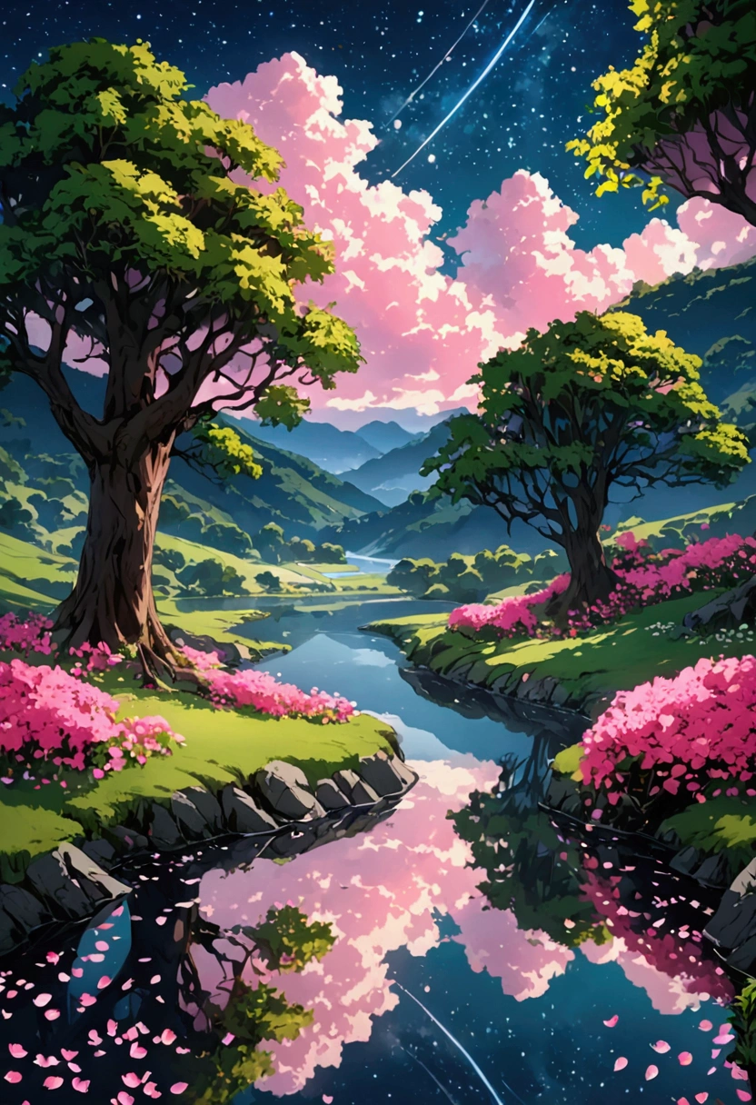 (magical pretty night sky green stream overlay scene), (sky), (clouds),  soft lighting , clean background, Beautiful landscapes,  masterpiece ,  anatomy, beautiful graphics,  High level of detail , epic scenario , garden, flores, clouds, (night starry sky, river behind, huge old trees behind, bright pink petals that fall behind )