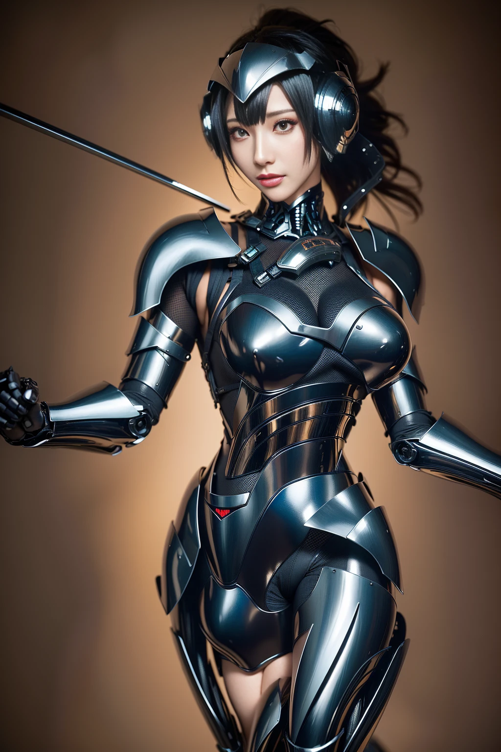 textured skin, Super detailed,  best quality,  High resolution , super detailed , high quality,  Best Quality ,  High resolution ，a female robot, Beautiful Clear Face (Rain Wave_haneame：1.5)，Distinctive chest curves(Big ，被Mechanical armor包覆下半部),Mechanical armor(Showing upper chest、Shoulder、Some thighs )，Mechanical armor的手臂和雙腿(皮膚的Shoulder和臀部)，Head-mounted technology antenna