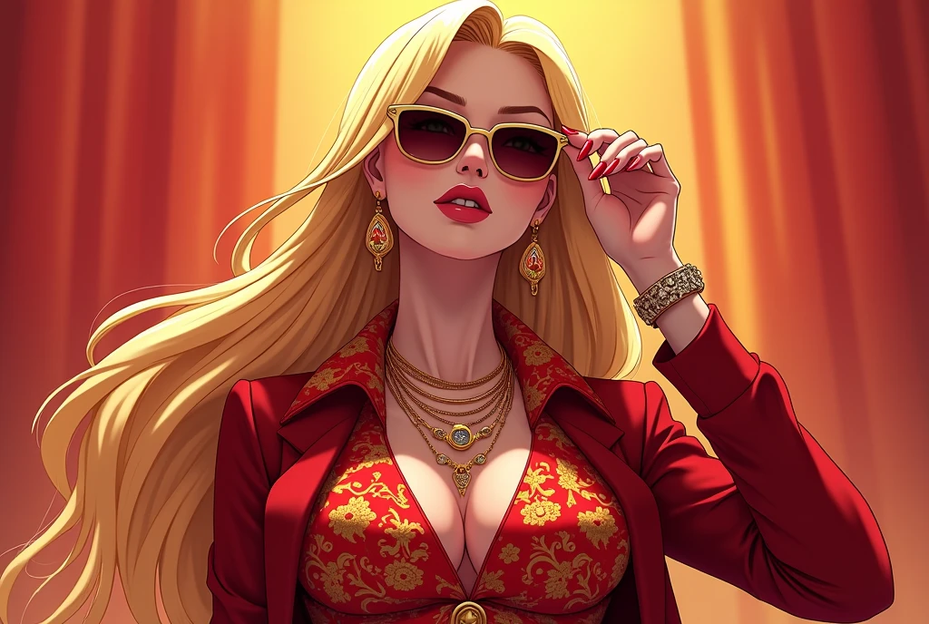 a picture in the style of a gta 5 poster game, GTA V, Grand Theft Auto 5 poster. A beautiful blonde, she has a glass of white wine in her hand, she is 30 years old, she is wearing a red dress.