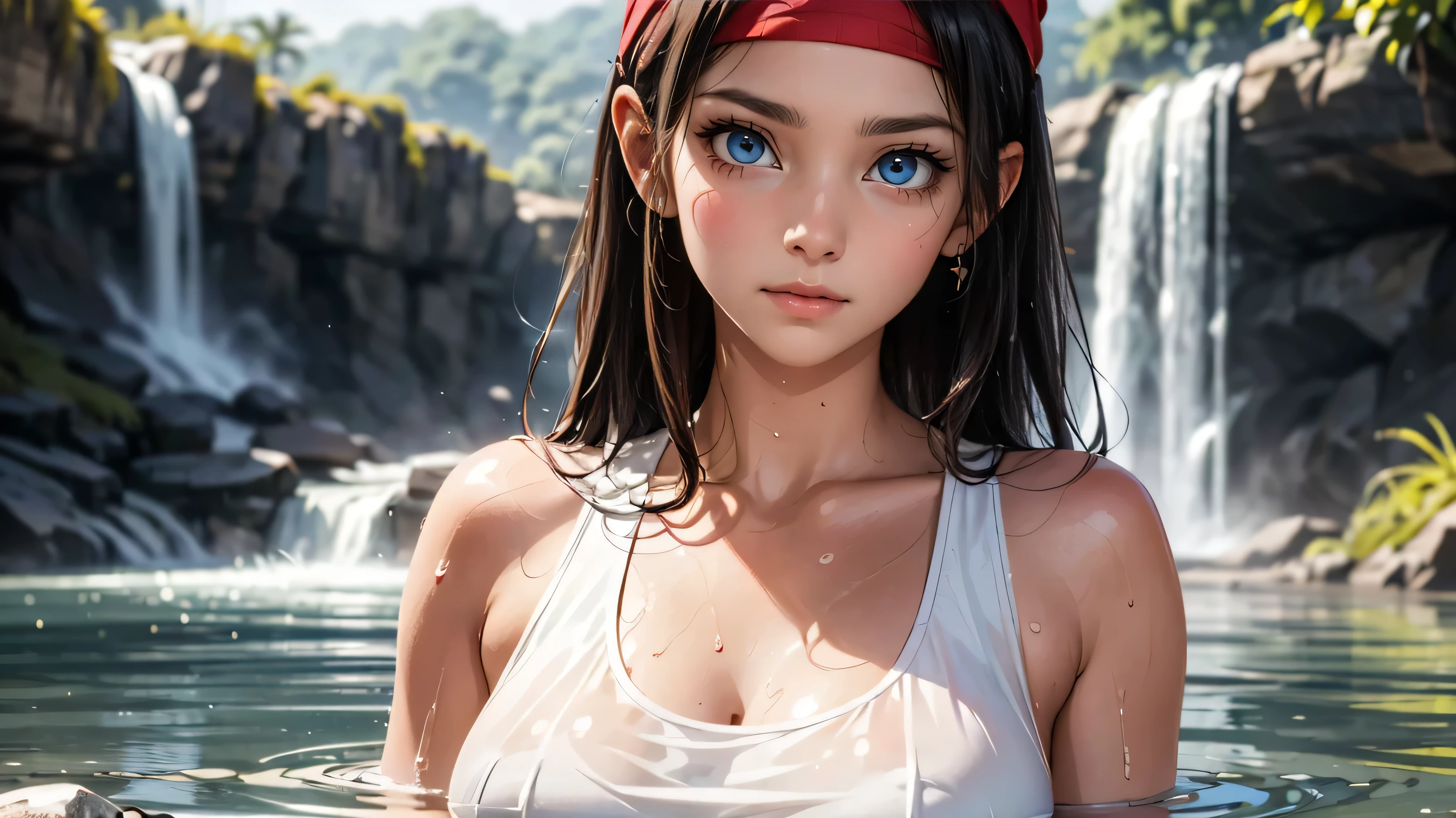 (best quality)), ((master part)), ((Realistic)), (circumstantial, costume, absurd), Yuri Sakazaki, ((Yurims, girl (21 years old, Big breasts, circumstantial ((face and eyes)), headband red, white tank top, diaphragm, Elastane, looking tired, heavy breathing, Blush, sweating, Outside, Lake, brazil, standing in water, waterfalls, Extreme Detail, HDR, beautiful quality, piece of master)),