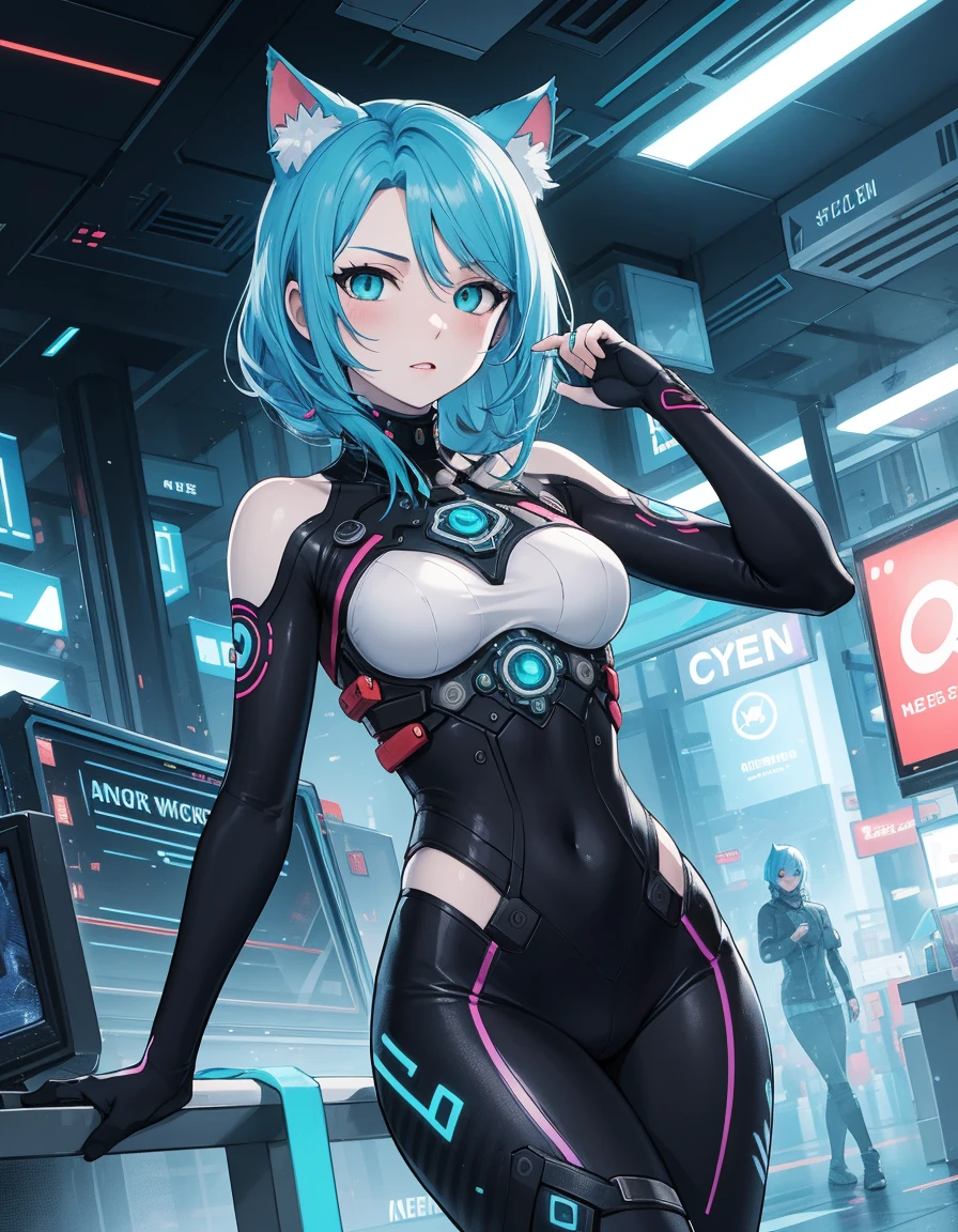 Netrunner, cyber net work, master piece, high quality illustration, digital art,4K, cat ear, pale skin, medium breasts, aqua colored eyes, rainbow color hair,