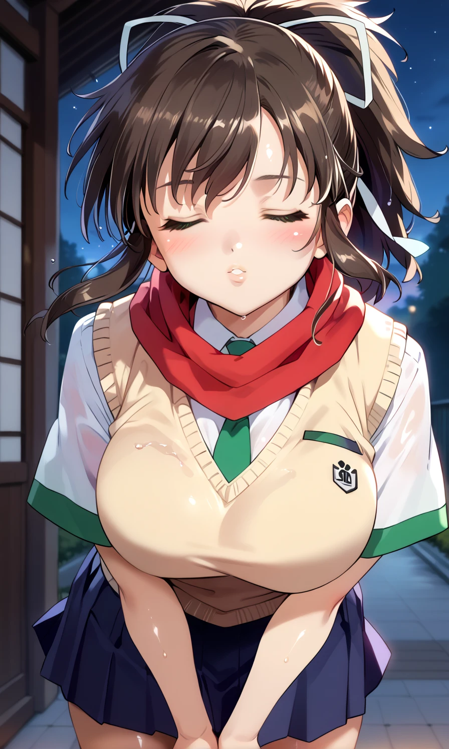 ,score_9,score_8_up,score_7_up,uncensored,16k, (asuka, brown hair, green eyes, ribbon, hair ribbon, ponytail,skirt, school uniform, necktie, scarf, short sleeves, sweater, sweater vest,), , large breast.anime style,Top Quality, High Definition, wet hair, Super Detailed, Masterpiece, Anatomically Correct,Very detailed eyes, very detailed mouth、、(oiled hair:1.3),(Shiny skin:1.5).leaning forward, blush, hair blowing in the wind,、looking up,(blush:1.6),(Pursed lips:1.4),thick lips, (eyes closed:2), looking at viewer.She's offering her lips..,(Japan, night),(Highest quality:1.2, Very detailed, up to date, Vibrant, Ultra-high resolution,, masterpiece:1.2, Highest quality, Best aesthetics), Carefully drawn, ,Exquisite details