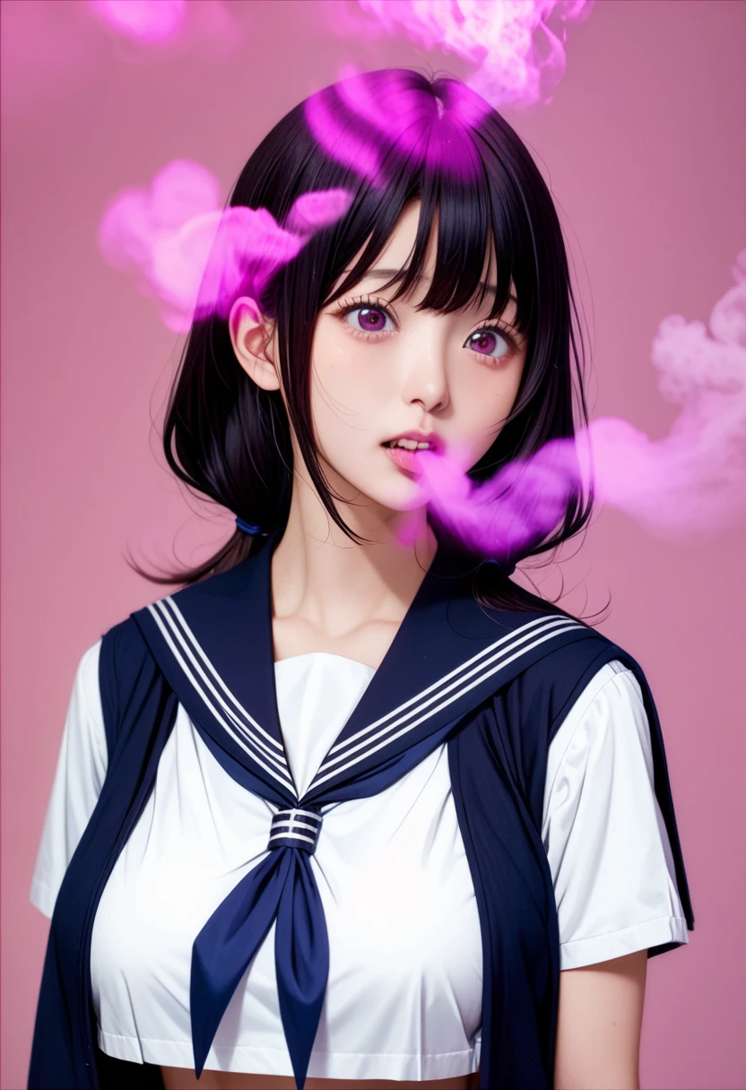  woman、   LONG BLACK HAIR 、 high school girl 、) functional、 Scared、((( sailor suit ))Big Breasts、(  Japanese )、 clear 、若いwoman、 beautiful girl( ahehe:1.5)(((squint)))、(((pink smoke  )))  simple background、Awakening、Awakeningする