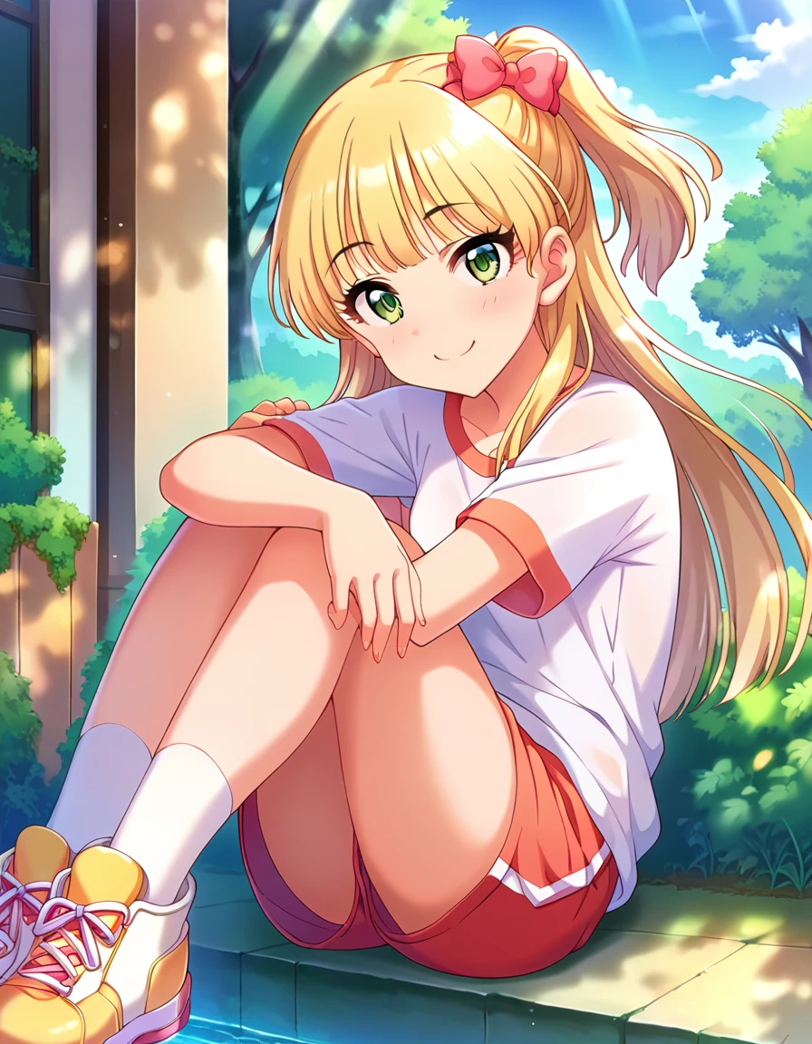  score_9,  score_8_Excellent,  score_7_Excellent,  source_Anime,
evaluation_sensitive, Sexually suggestive, smile, Joy, 
Outdoor, Sunbeam,
  long hair,  blonde alone,     hair bow ,Green Eyes,  small breasts, 
Gym clothes, 白いGym clothes, untucked shirt,   red bulma , socks,  sneakers, Thighs，((  bridge ，))
 detail eyes, Eye Reflexes,