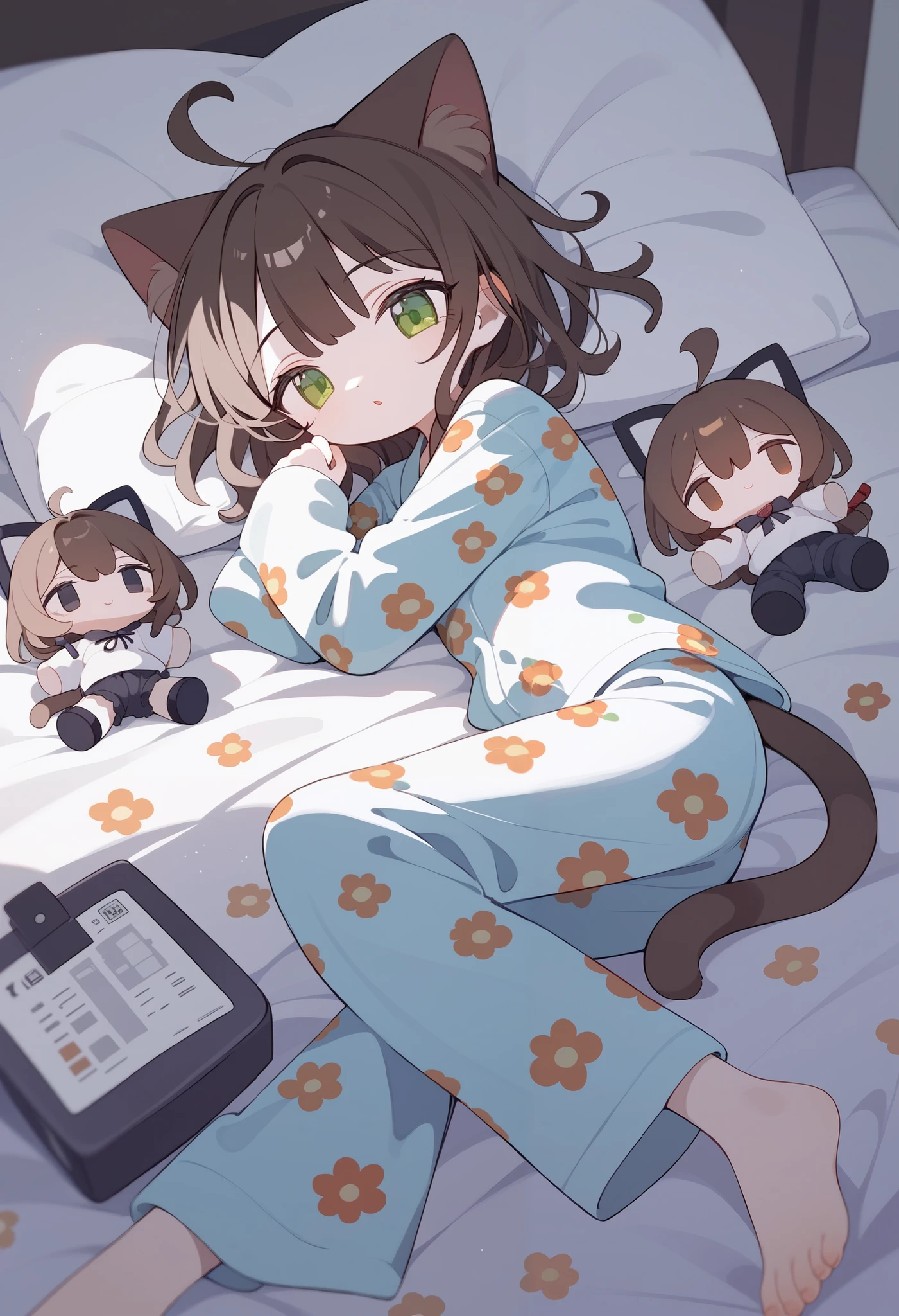  1 girl,  BROWN PONY TAIL AROUND ME ，（   brown hair   ），  green eyes  ，  lying in bed，Floral Pajamas，Long pants，Quilt，doll，Cat's mouth ，whole body, Fraction_9,Fraction_8_up,Fraction_7_up,Expressive  ,grade_of,(masterpiece,   Best quality)