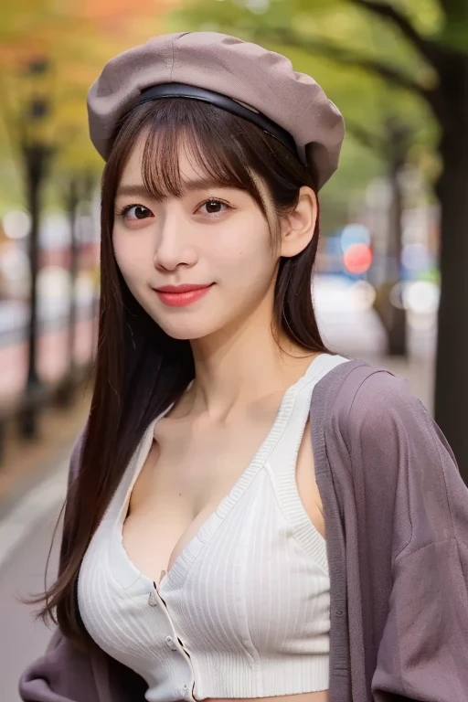 (masterpiece, best quality, perfect anatomy, highres, 8k, realistic, photorealistic, natural skin texture, no makeup:1.2), 1girl, solo, Japanese, age20, erogao, jp idol, tanukigao, shy smile, (large breasts:1.2), (perfect figure), autumn, gray long sleeve tight knit, beige flair mini skirt, long boots, (black beret:1.2), at Tokyo down town, (looking at viewer:1.5), natural lighting. (cowboy shot)