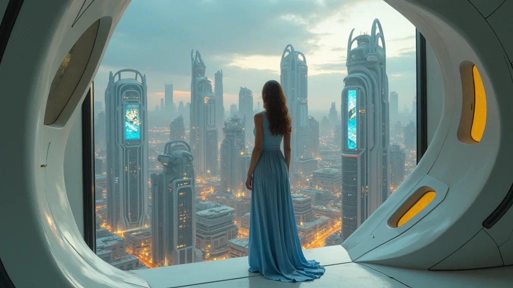 woman, Long hair, , wearing futuristic dress,in Another futuristic world, high res, ultrasharp, 8K, masterpiece, watching city.
