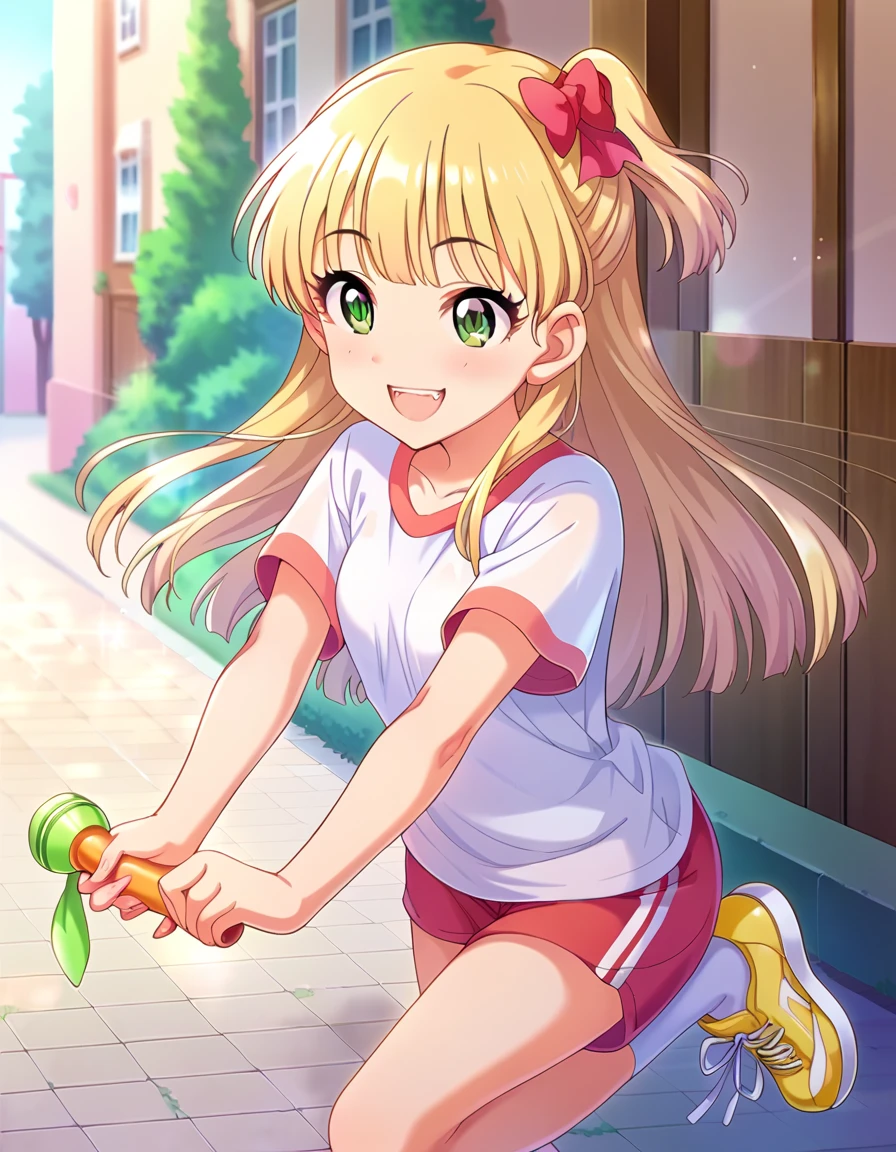  score_9,  score_8_Excellent,  score_7_Excellent,  source_Anime,
evaluation_sensitive, Sexually suggestive, smile, Joy, 
Outdoor, Sunbeam,Double teeth， opens her mouth wide ，
  long hair,  blonde alone,     hair bow ,Green Eyes,  small breasts, 
Gym clothes, 白いGym clothes, untucked shirt,   red bulma ,Groin， crotch up ， socks,  sneakers, Thighs，Around town， open her crotches wide ，
 detail eyes, Eye Reflexes,