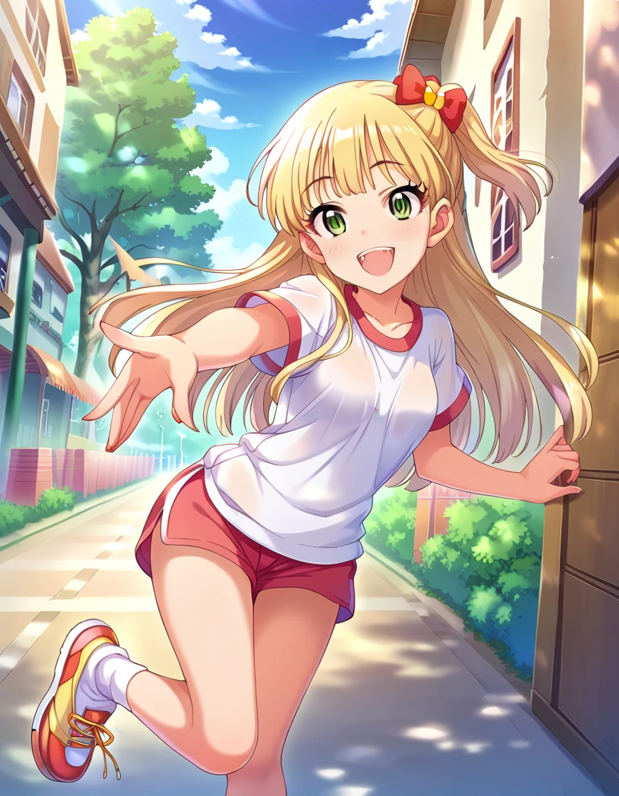  score_9,  score_8_Excellent,  score_7_Excellent,  source_Anime,
evaluation_sensitive, Sexually suggestive, smile, Joy, 
Outdoor, Sunbeam,Double teeth， opens her mouth wide ，
  long hair,  blonde alone,     hair bow ,Green Eyes,  small breasts, 
Gym clothes, 白いGym clothes, untucked shirt,   red bulma ,Groin， crotch up ， socks,  sneakers, Thighs，Around town， open her crotches wide ，
 detail eyes, Eye Reflexes,