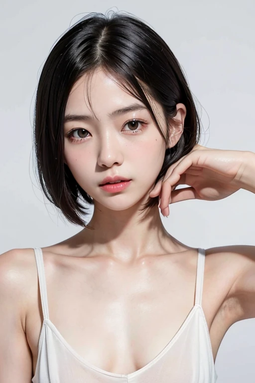 Unclear、petite person、(Long white silk camisole、white panties)、Outside the field、(Slimed、small tit、flat boobs、small tit)、Photorealsitic、detaileds, Skin Texture, ultra-detailliert、Delicate and sexy collarbone、Super Detailed Face、Detailed lips、A detailed eye、二重まぶた、s old girl、Sexual facial expressions、Wet body、Squatting and peeing